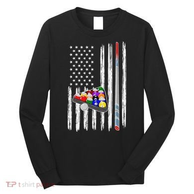 Pool Player Billiards Cue Balls Distressed American Flag Long Sleeve Shirt