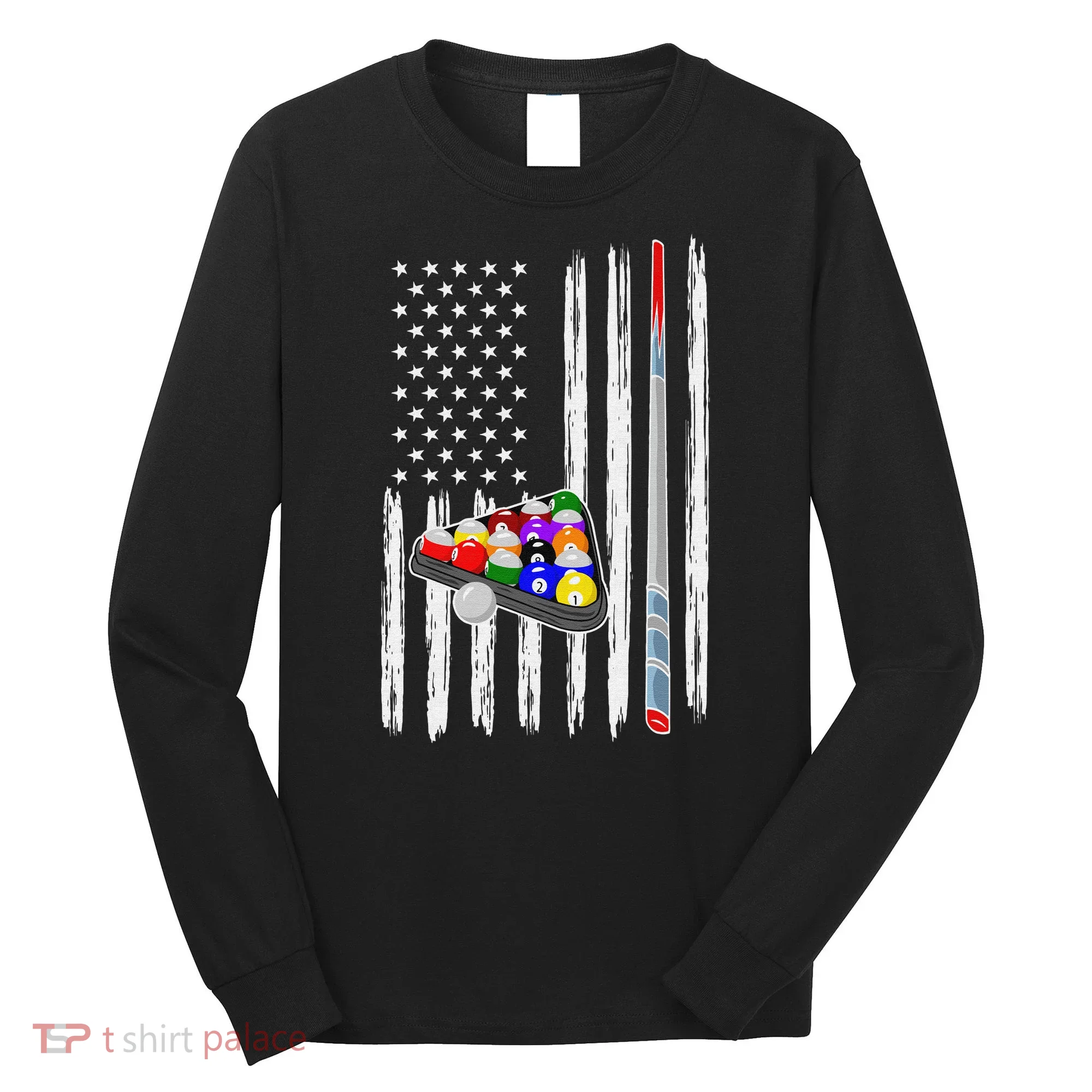 Pool Player Billiards Cue Balls Distressed American Flag Long Sleeve Shirt