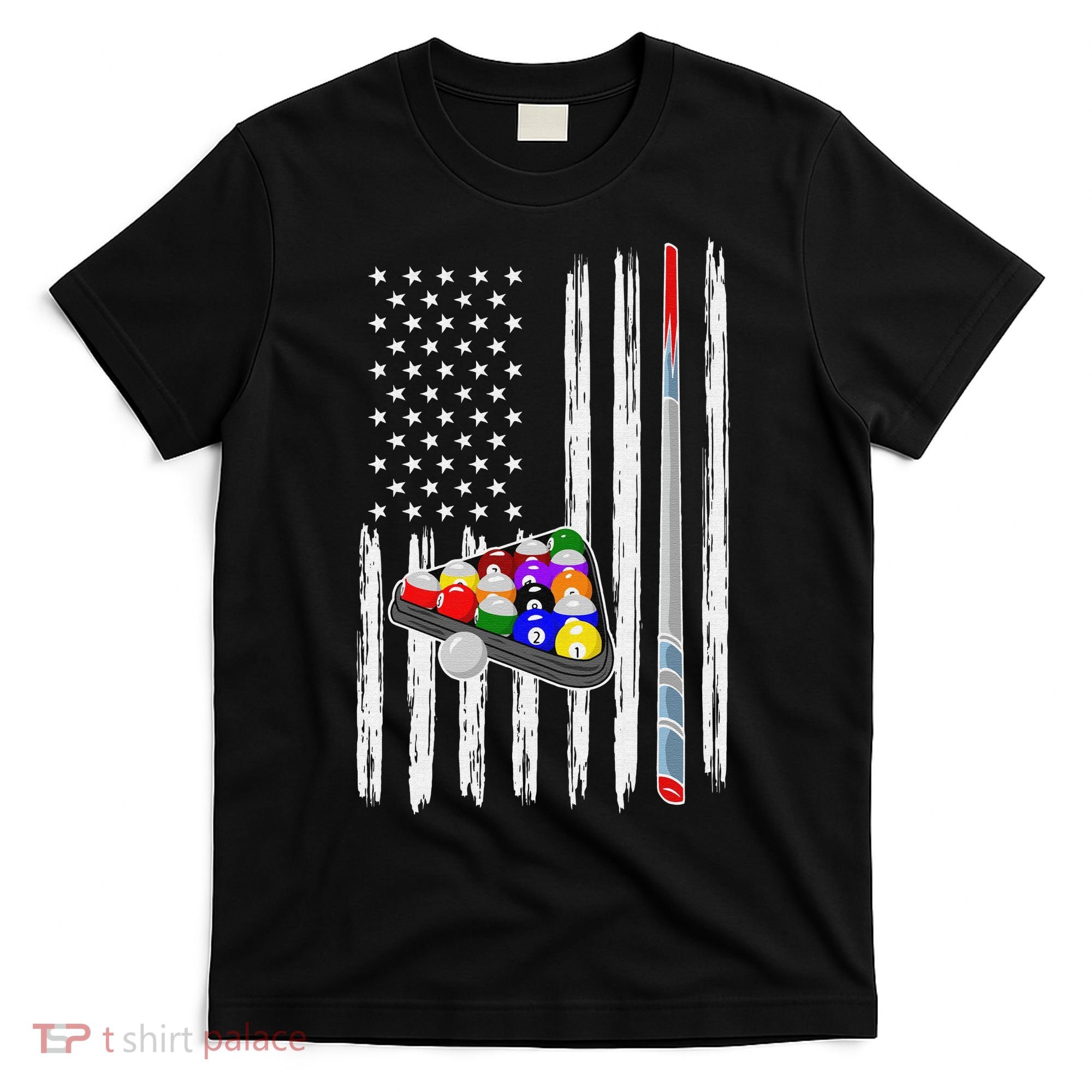 Pool Player Billiards Cue Balls Distressed American Flag T-Shirt