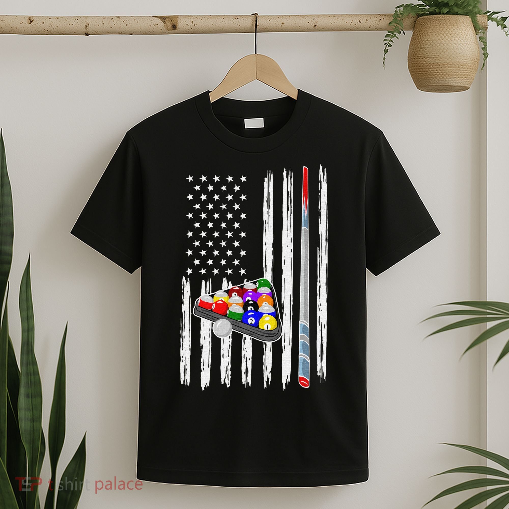 Pool Player Billiards Cue Balls Distressed American Flag T-Shirt