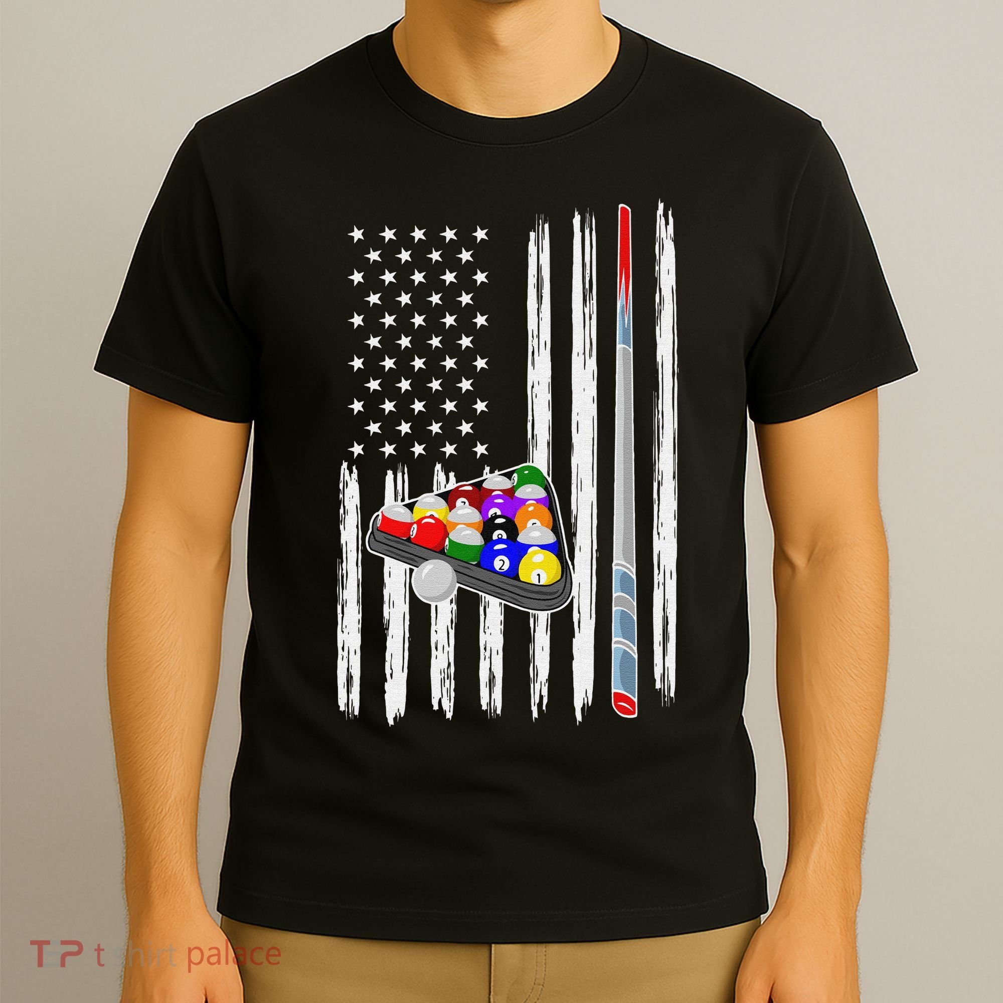 Pool Player Billiards Cue Balls Distressed American Flag T-Shirt