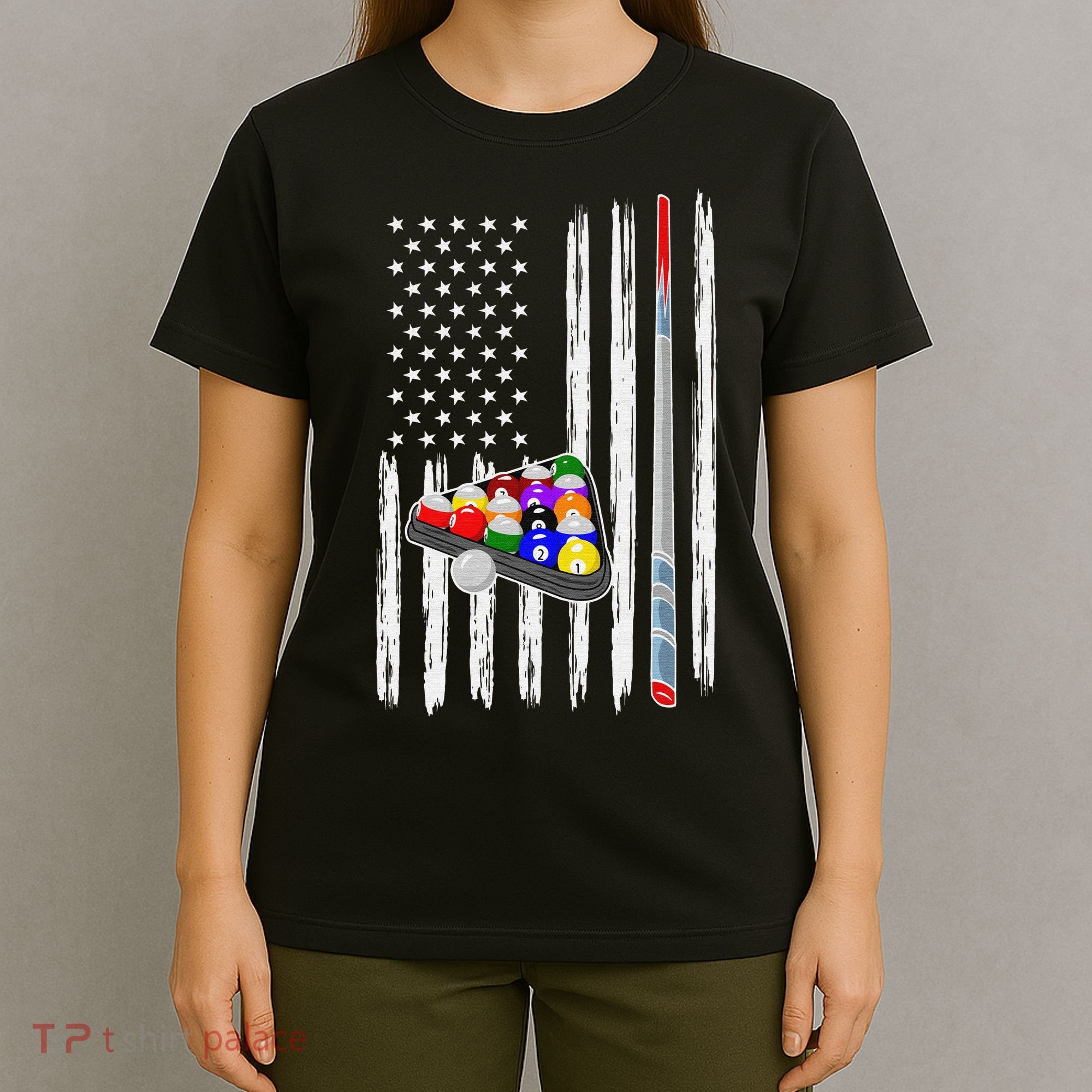 Pool Player Billiards Cue Balls Distressed American Flag T-Shirt