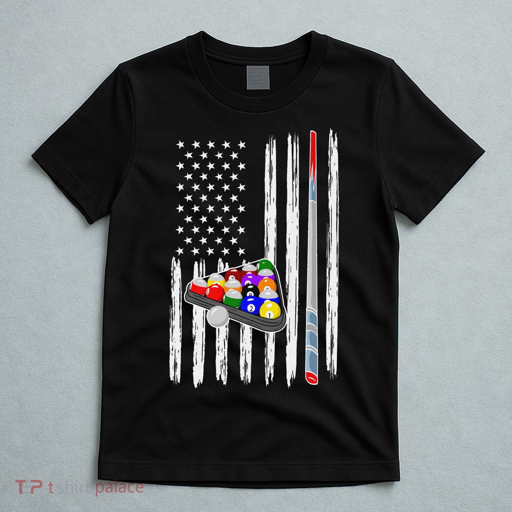 Pool Player Billiards Cue Balls Distressed American Flag T-Shirt