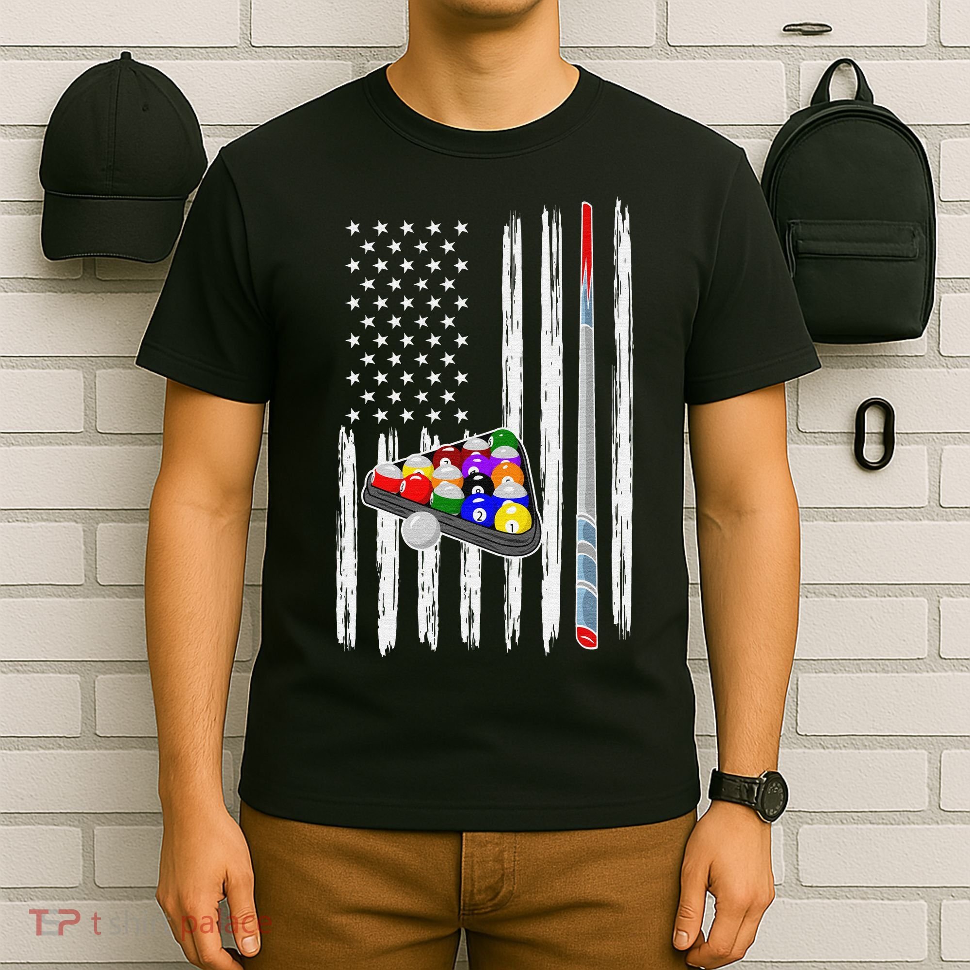 Pool Player Billiards Cue Balls Distressed American Flag T-Shirt