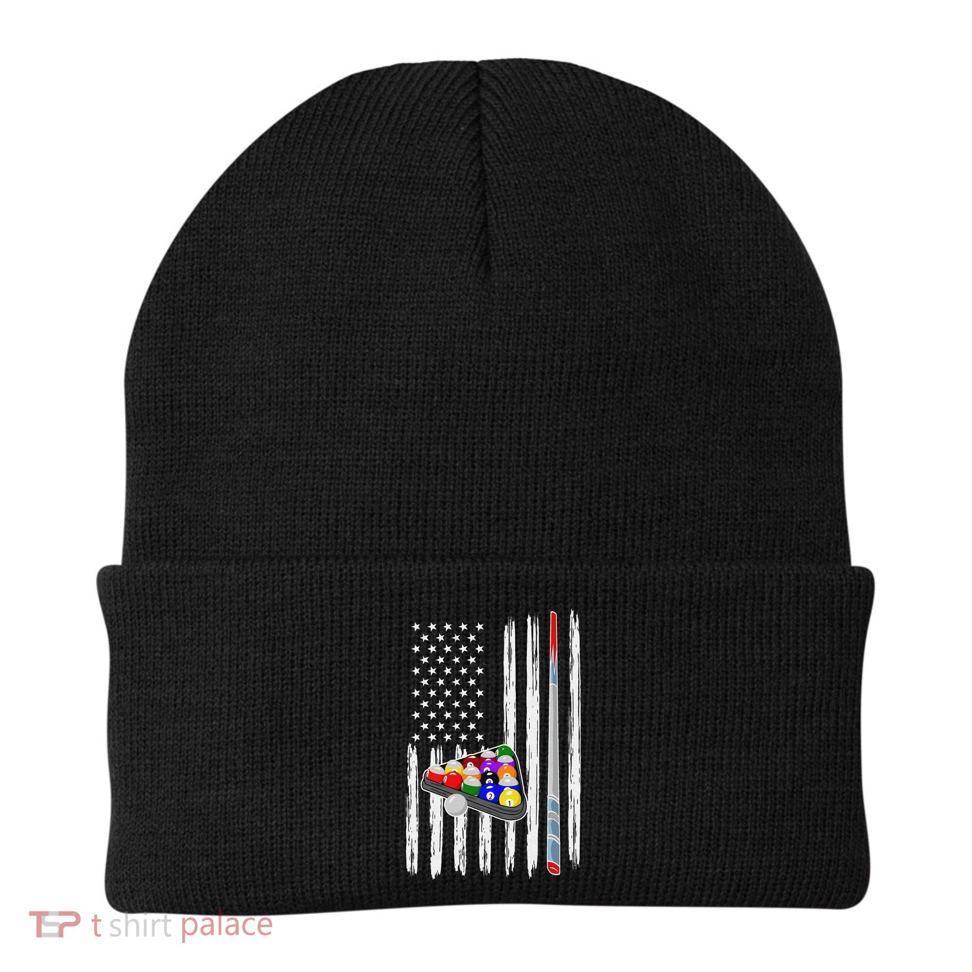 Pool Player Billiards Cue Balls Distressed American Flag Beanie