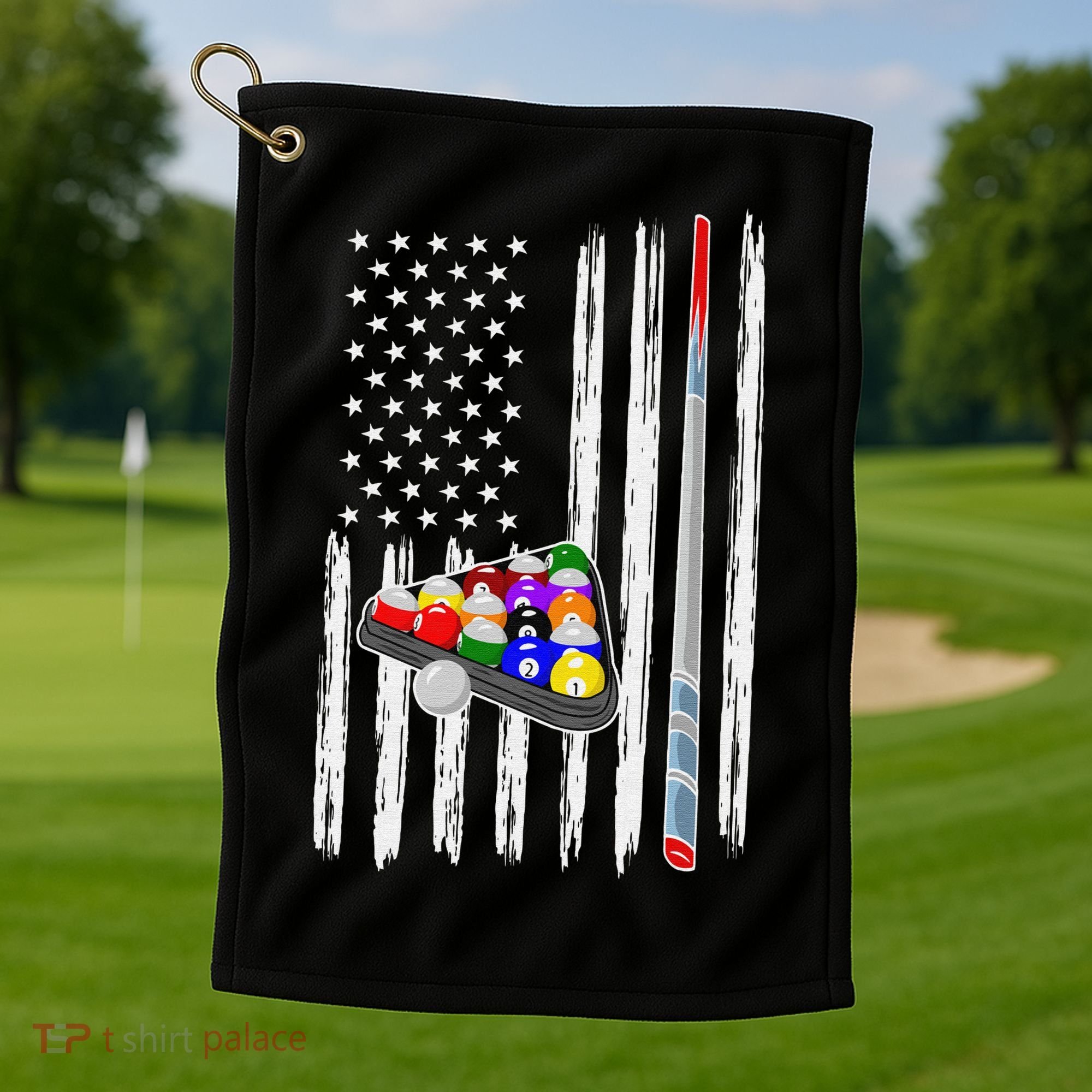 Pool Player Billiards Cue Balls Distressed American Flag Golf Towel