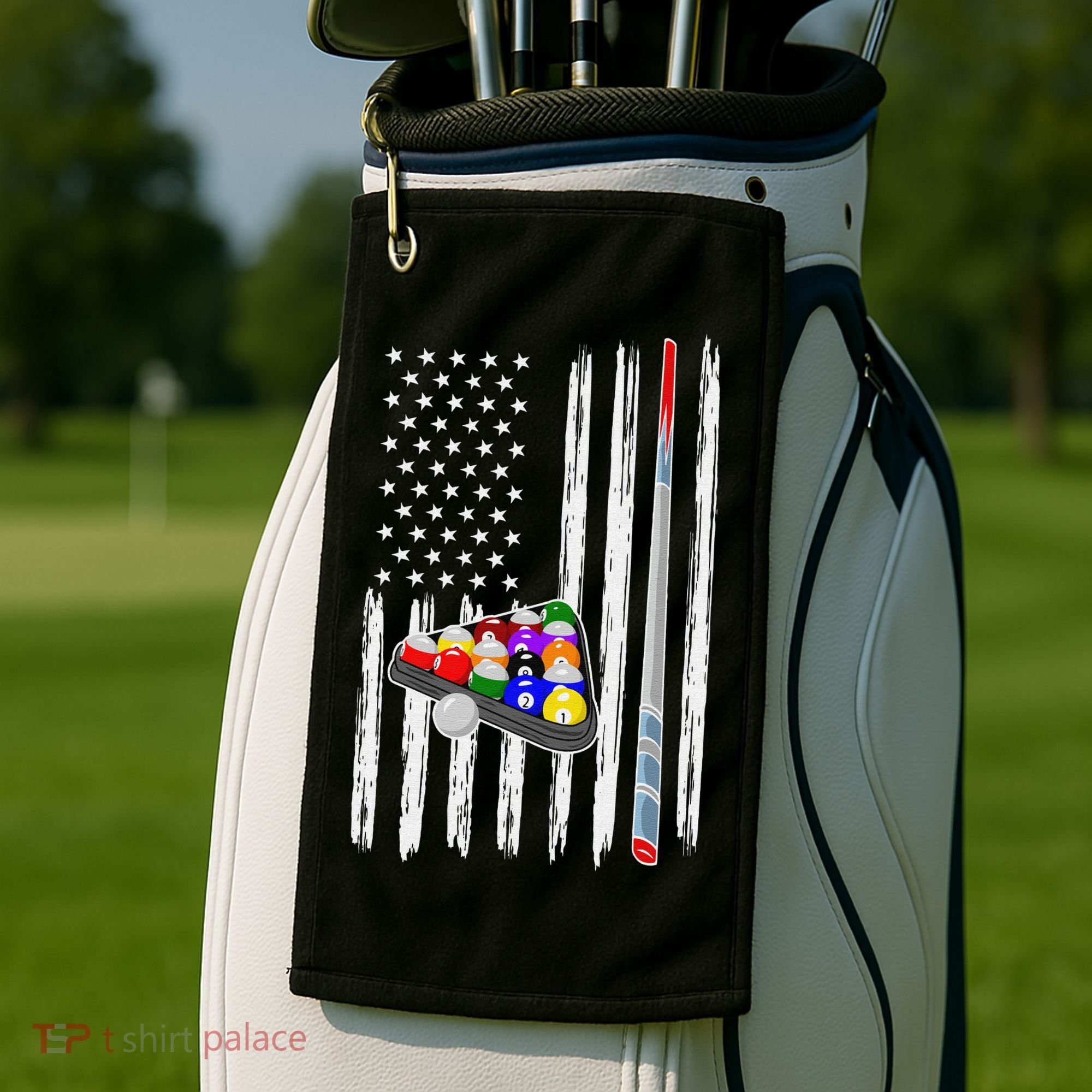 Pool Player Billiards Cue Balls Distressed American Flag Golf Towel
