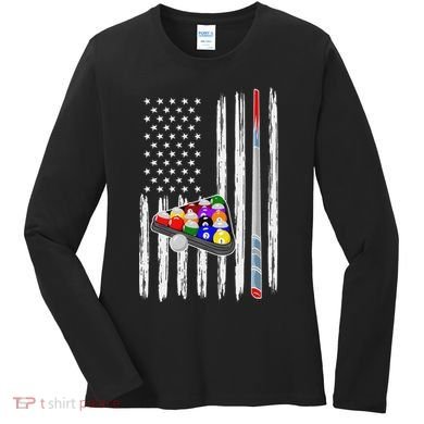 Pool Player Billiards Cue Balls Distressed American Flag Women's Long Sleeve Shirt