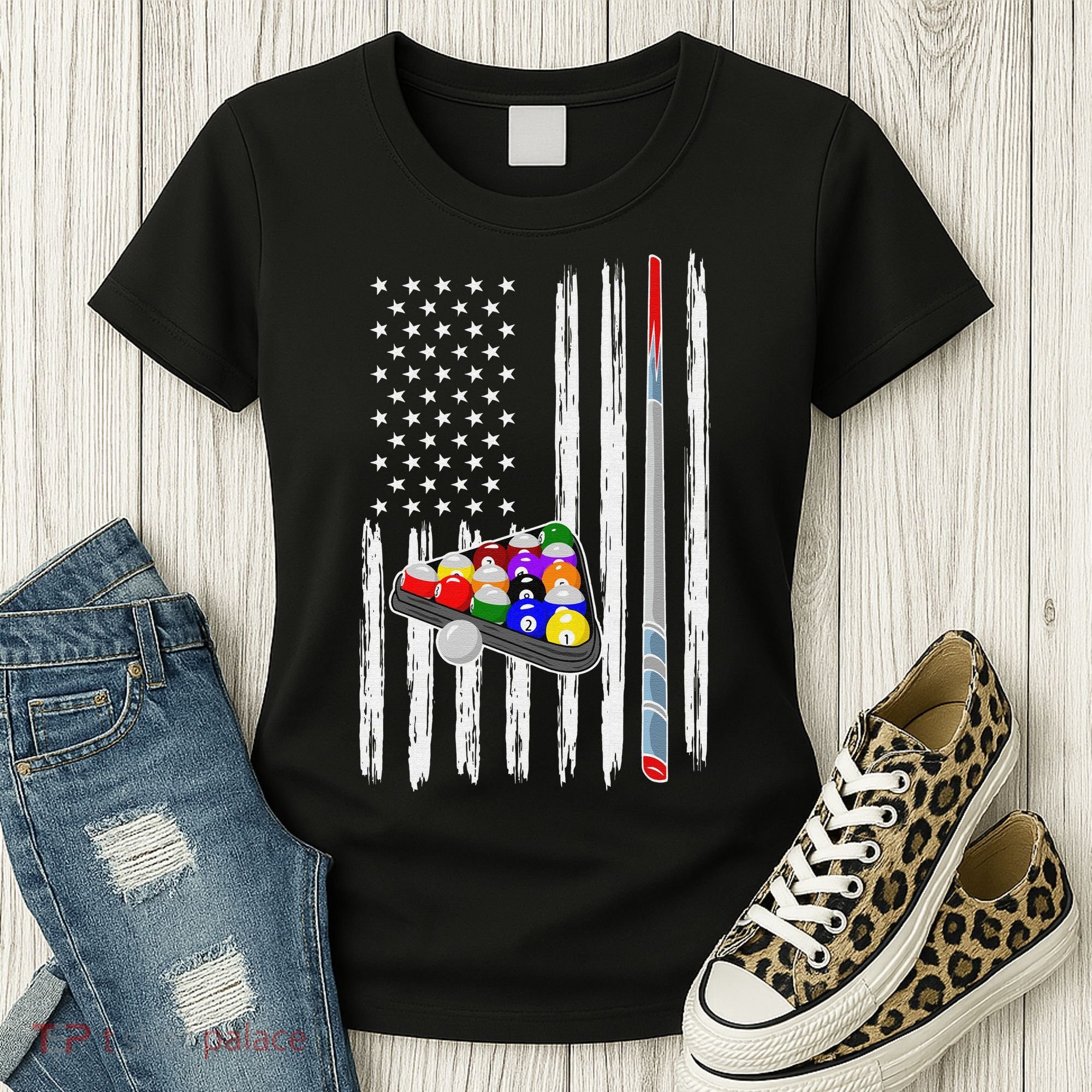 Pool Player Billiards Cue Balls Distressed American Flag Women's T-Shirt
