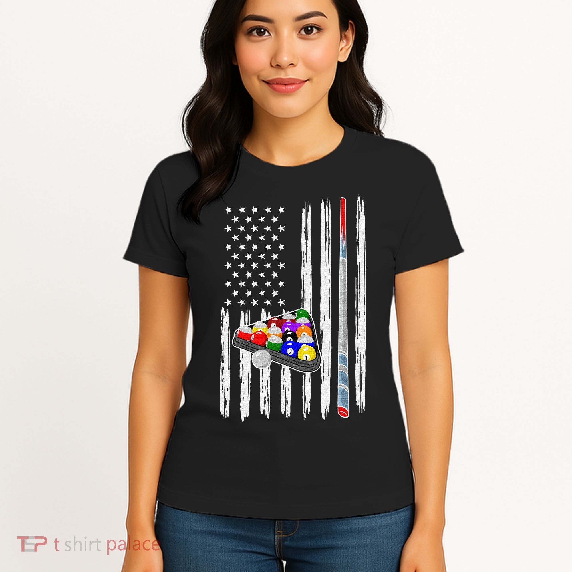 Pool Player Billiards Cue Balls Distressed American Flag Women's T-Shirt