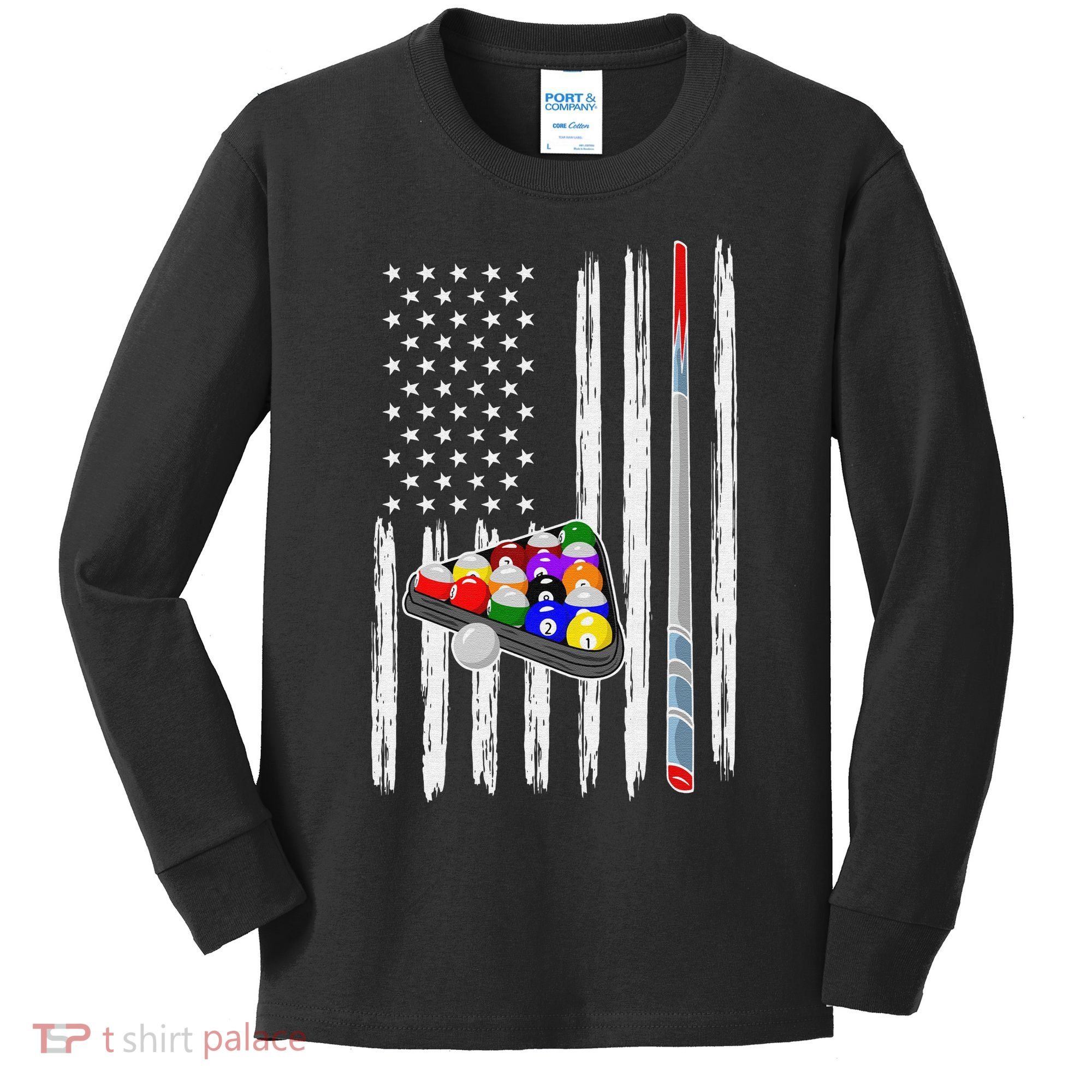 Pool Player Billiards Cue Balls Distressed American Flag Kids Long Sleeve Shirt