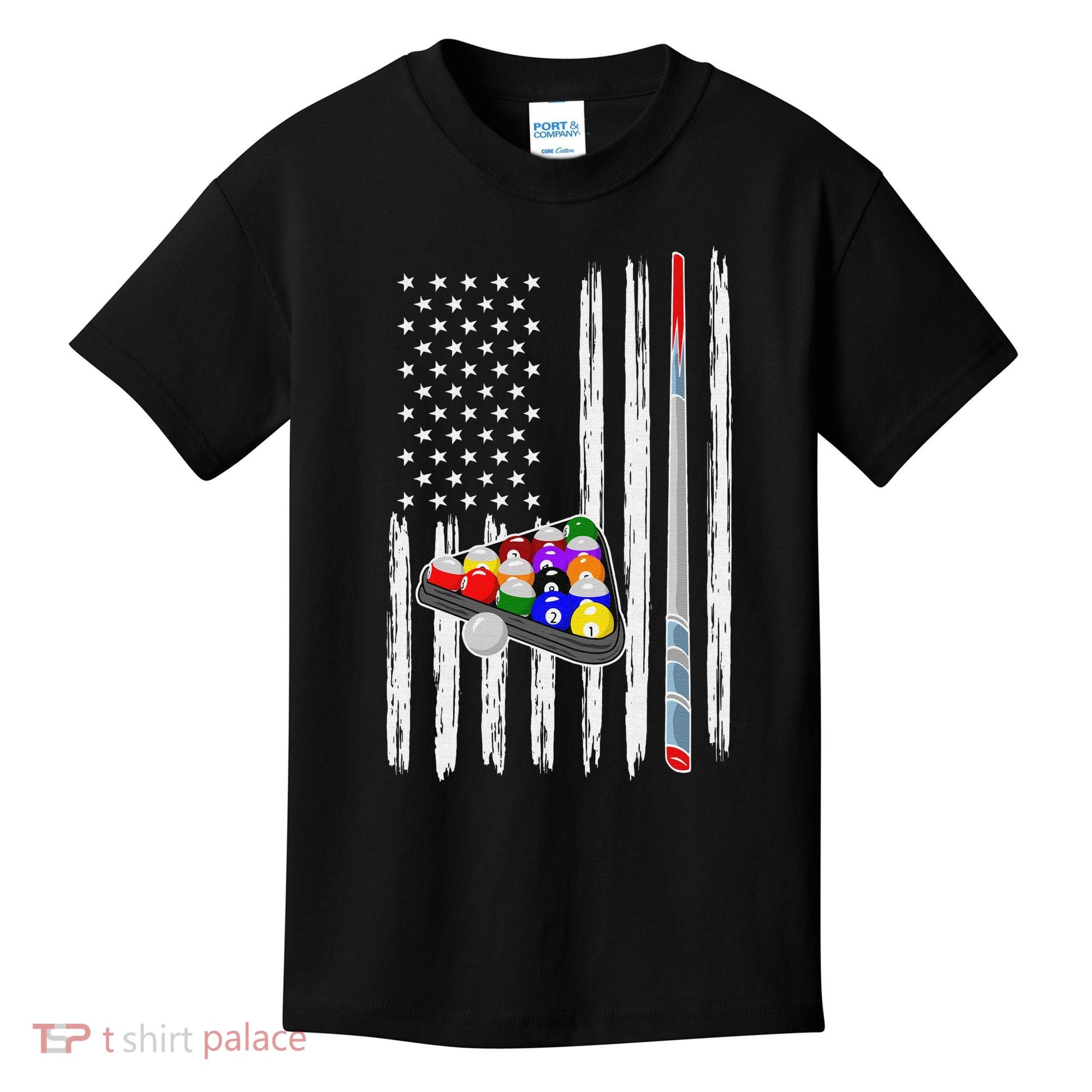 Pool Player Billiards Cue Balls Distressed American Flag Kids T-Shirt