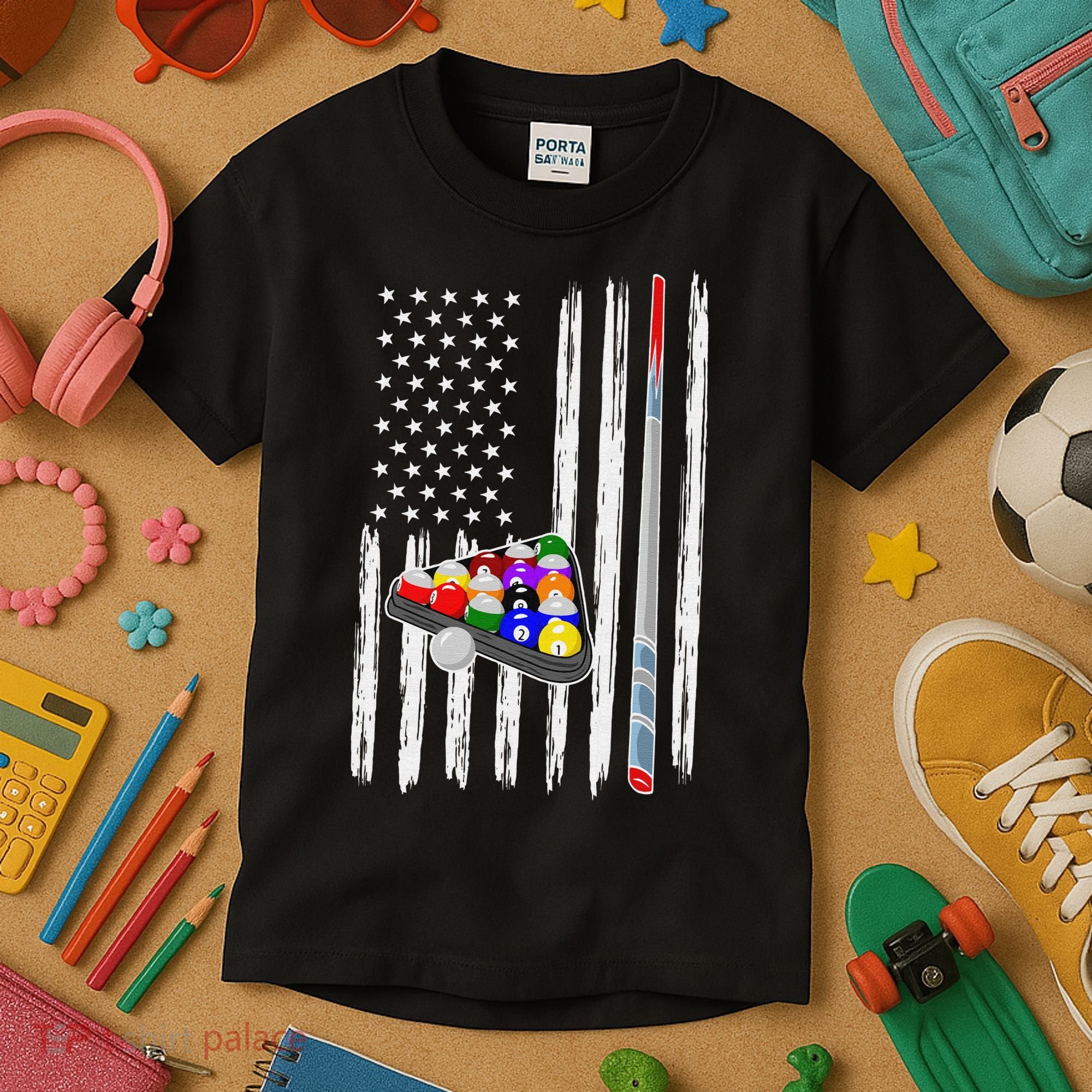 Pool Player Billiards Cue Balls Distressed American Flag Kids T-Shirt