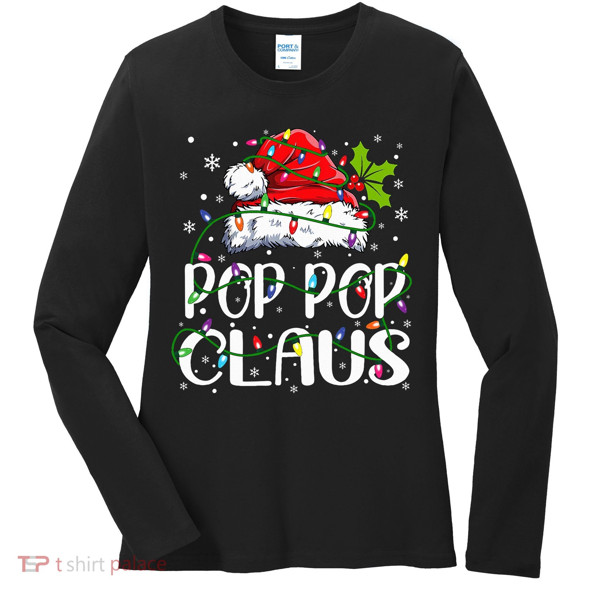 Pop Pop Claus Christmas Lights Pajama Family Matching Women's Long Sleeve Shirt
