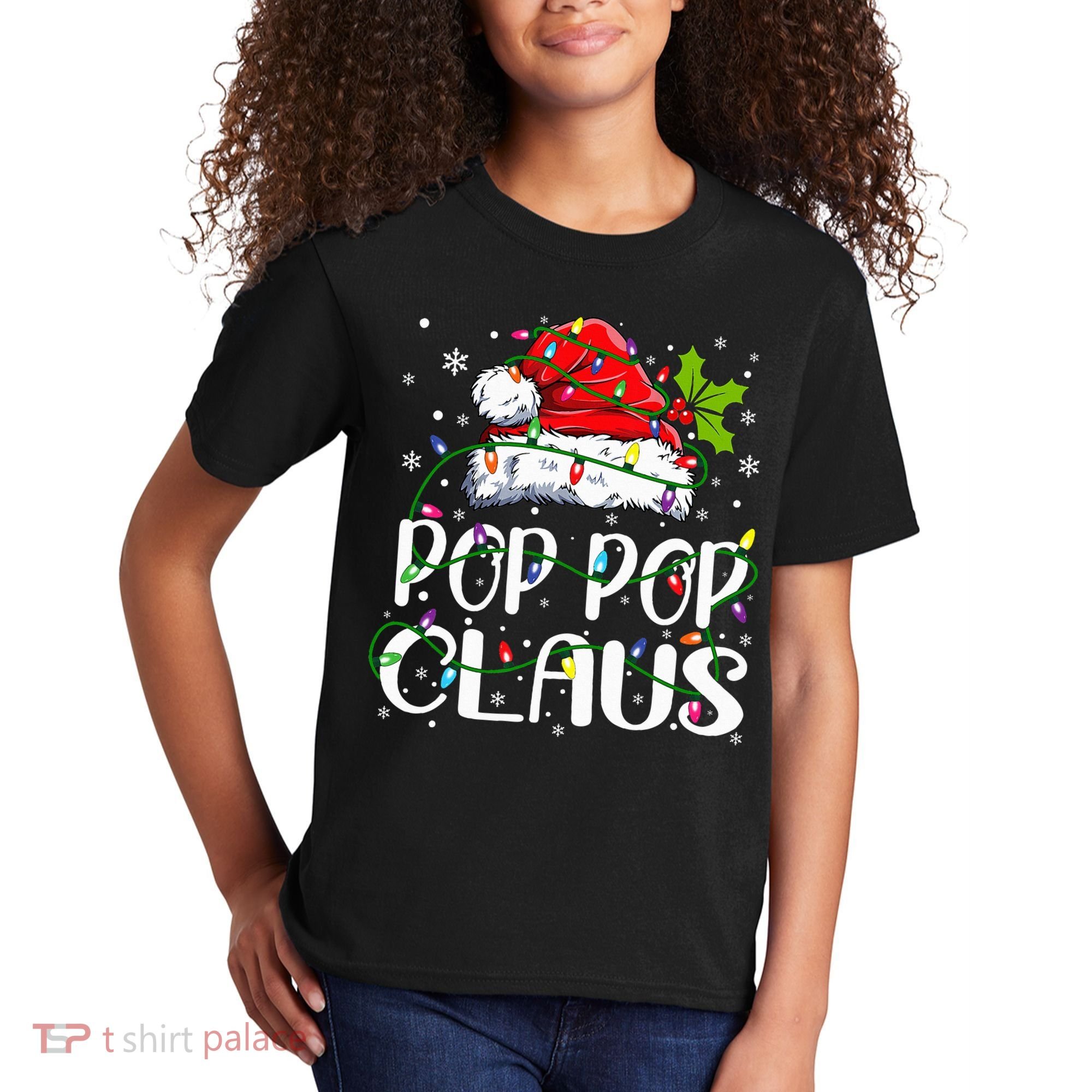 Pop Pop Claus Christmas Lights Pajama Family Matching Kids T-Shirt