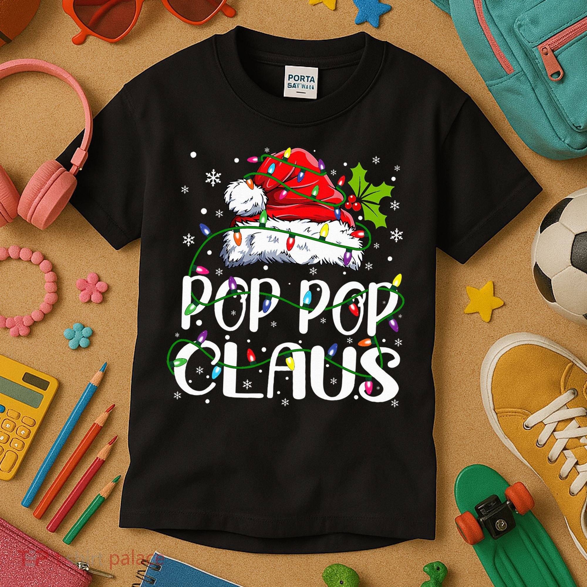Pop Pop Claus Christmas Lights Pajama Family Matching Kids T-Shirt
