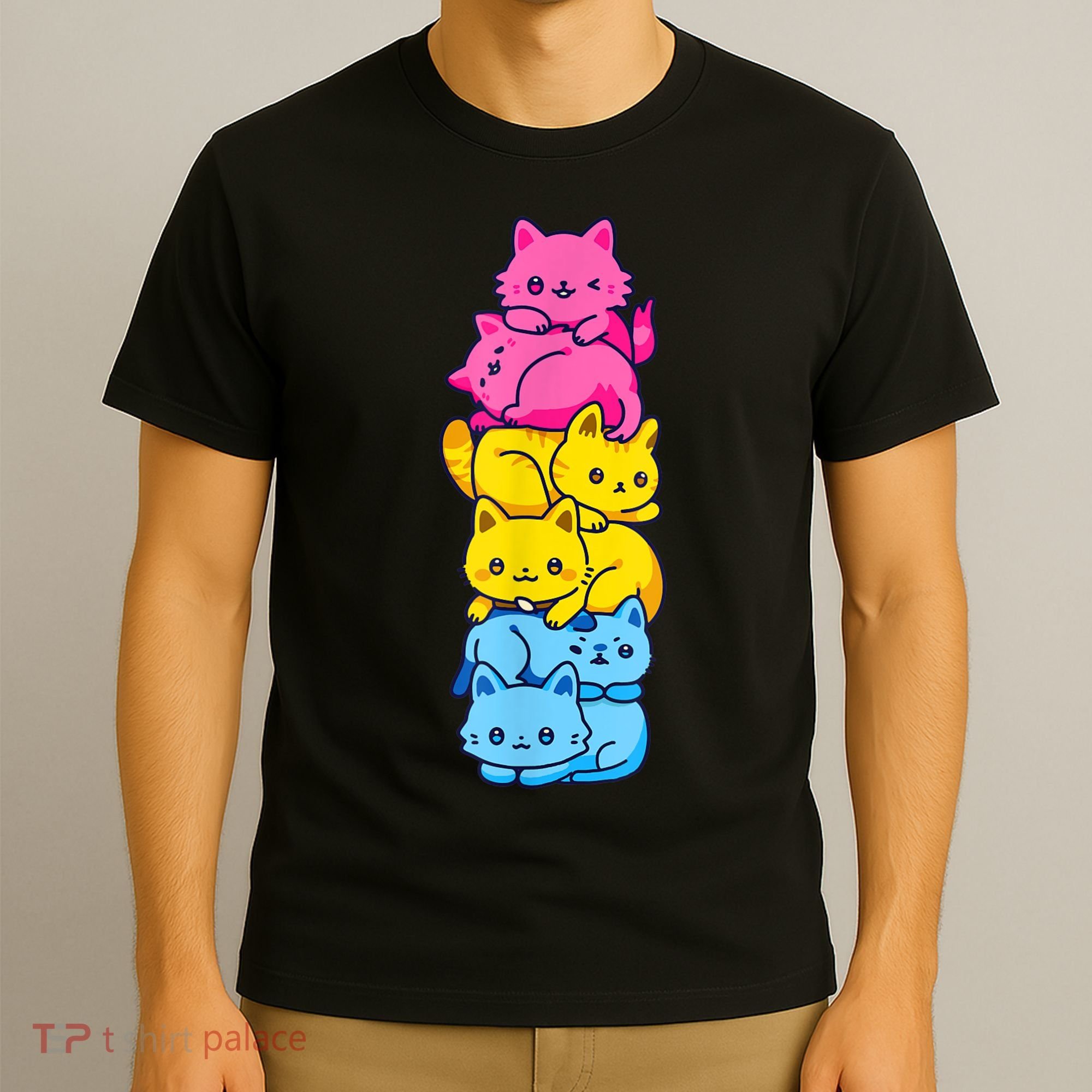 Pansexual Pride Cat LGBT Pan Flag Nonbinary Cute Cats Pile T-Shirt