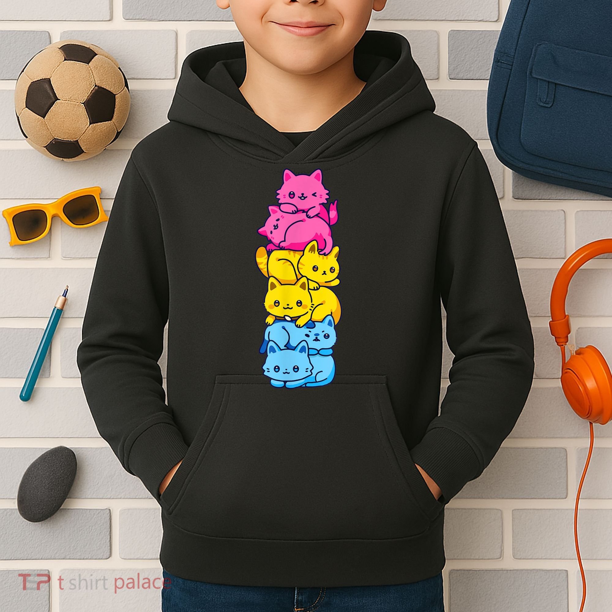 Pansexual Pride Cat LGBT Pan Flag Nonbinary Cute Cats Pile Kids Hoodie