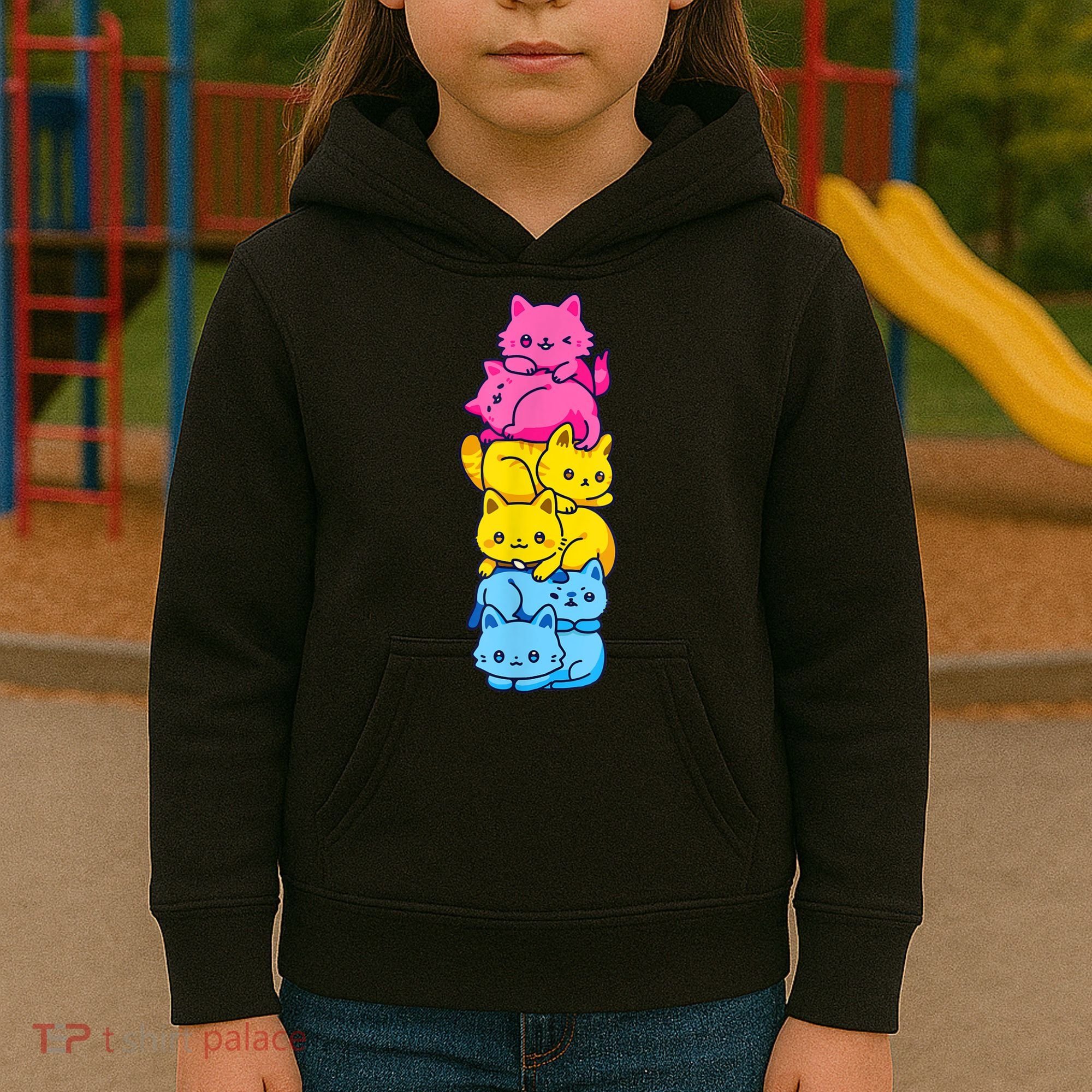 Pansexual Pride Cat LGBT Pan Flag Nonbinary Cute Cats Pile Kids Hoodie