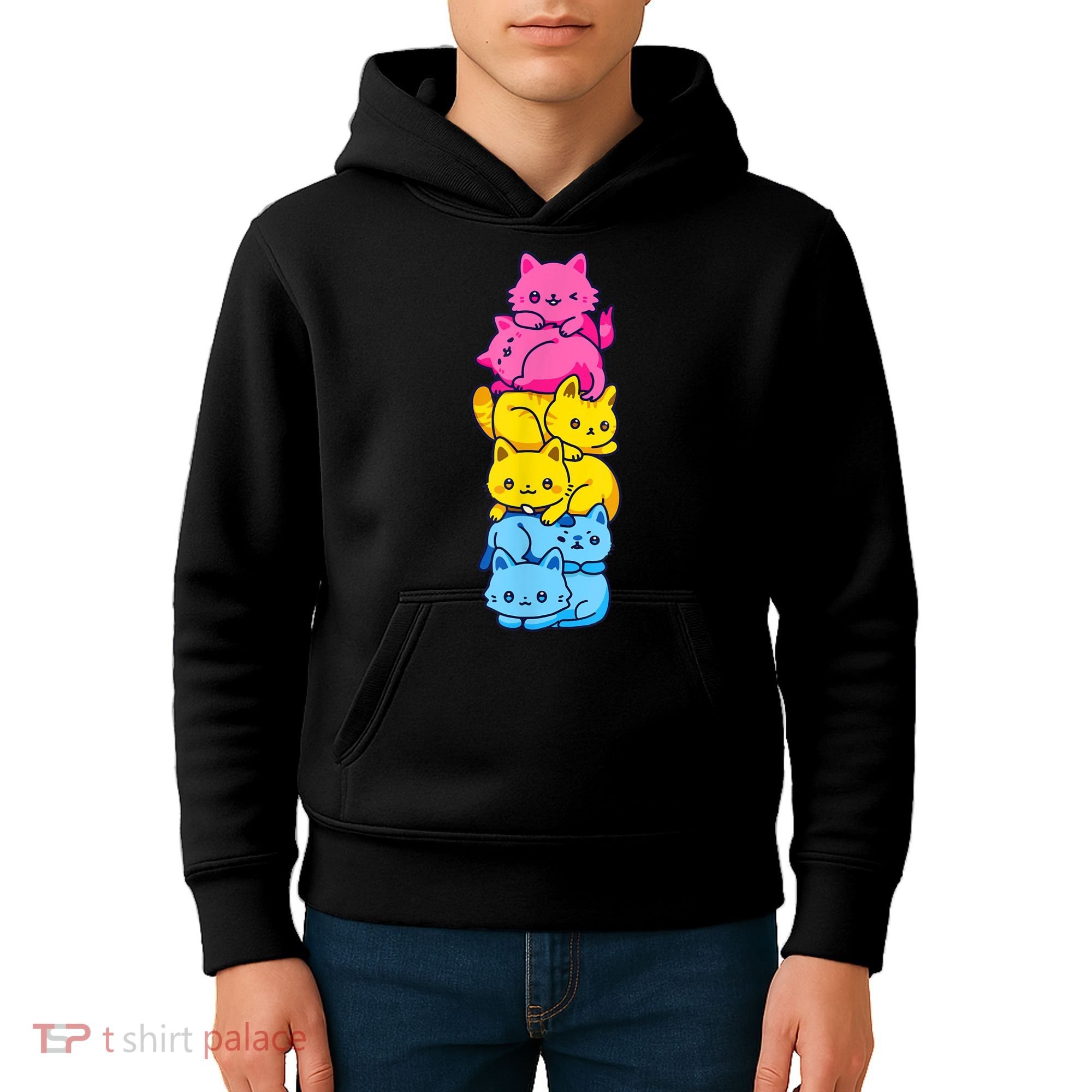 Pansexual Pride Cat LGBT Pan Flag Nonbinary Cute Cats Pile Kids Hoodie