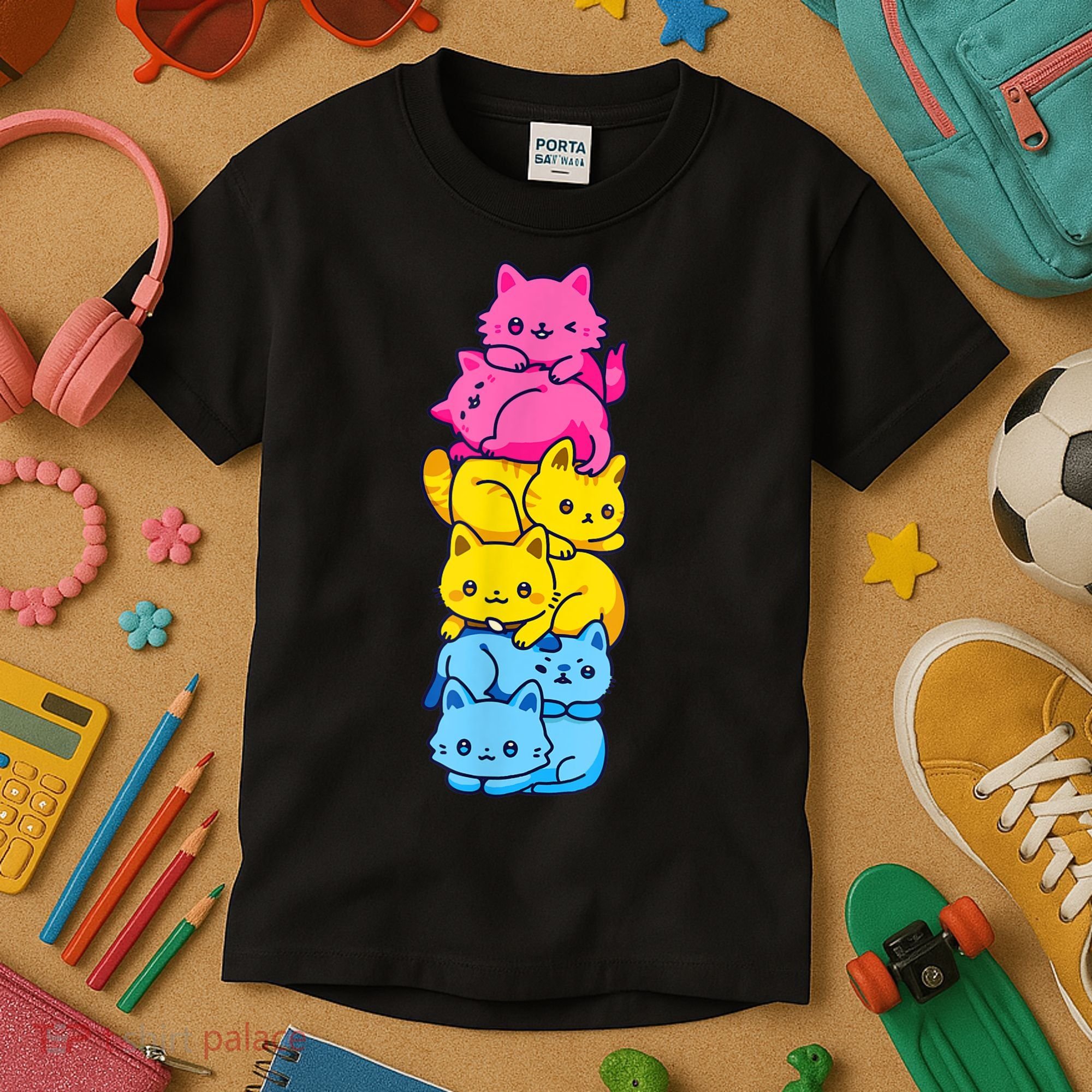Pansexual Pride Cat LGBT Pan Flag Nonbinary Cute Cats Pile Kids T-Shirt