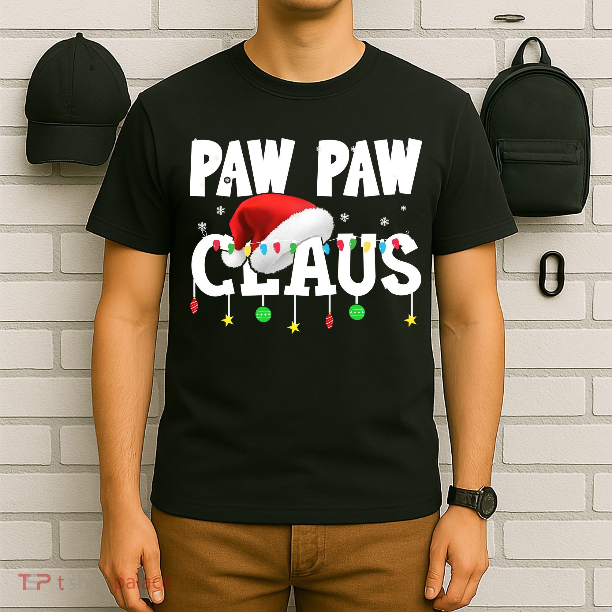 Paw Paw Claus Funny Christmas Lights Santa Hat Costume T-Shirt