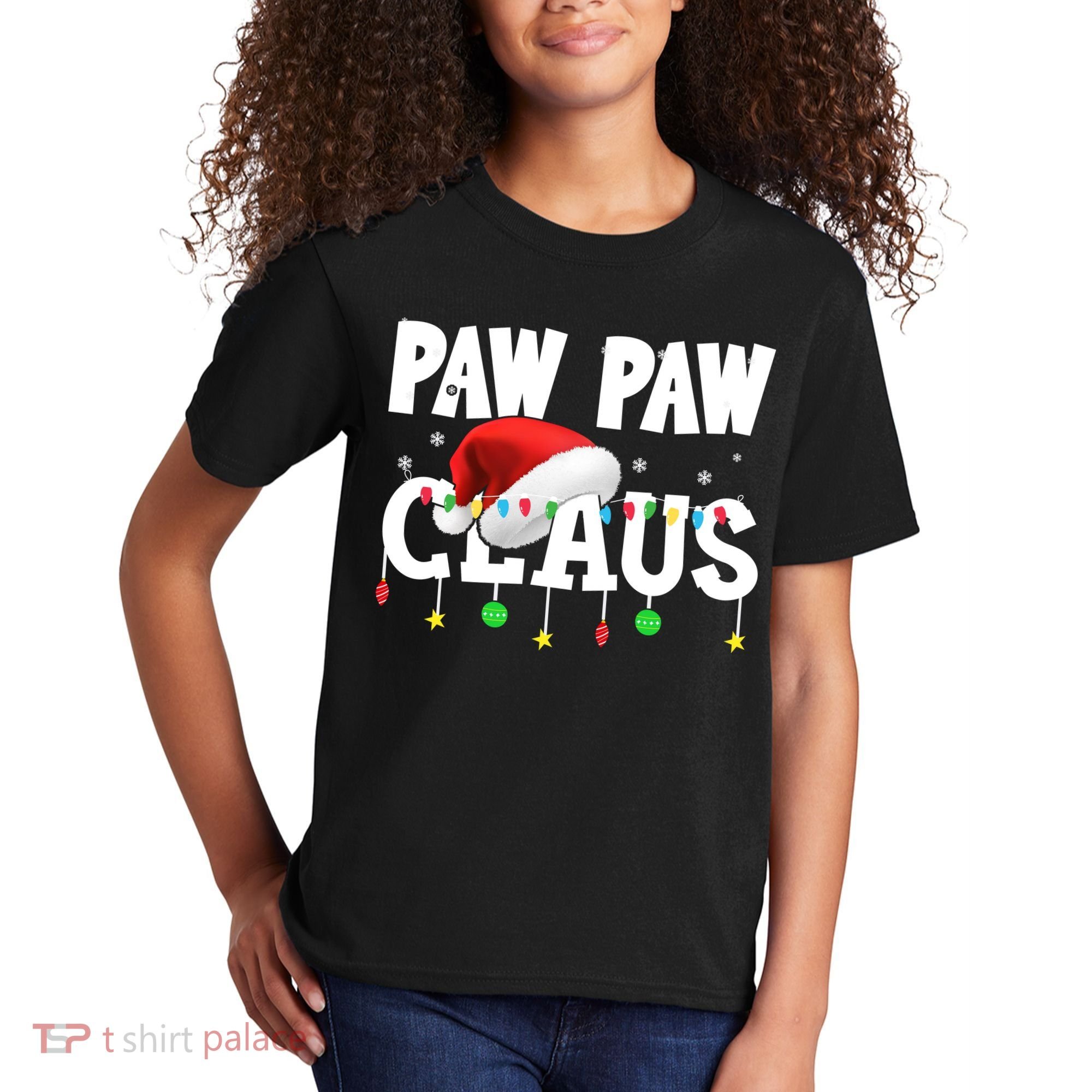 Paw Paw Claus Funny Christmas Lights Santa Hat Costume Kids T-Shirt