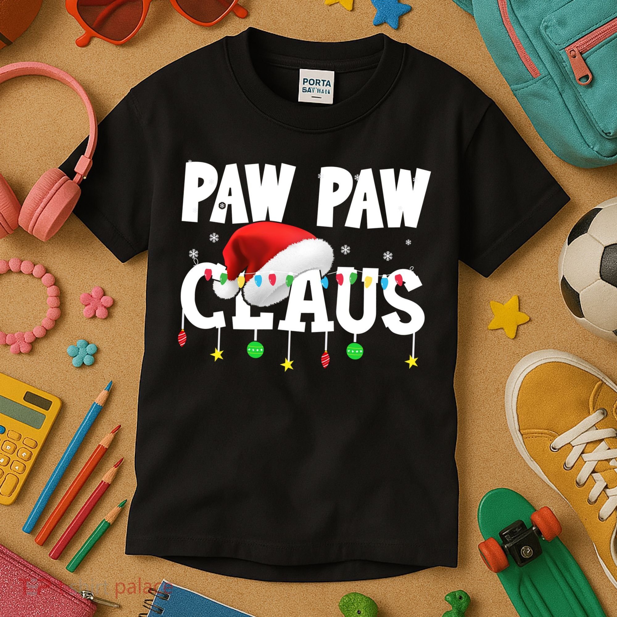 Paw Paw Claus Funny Christmas Lights Santa Hat Costume Kids T-Shirt