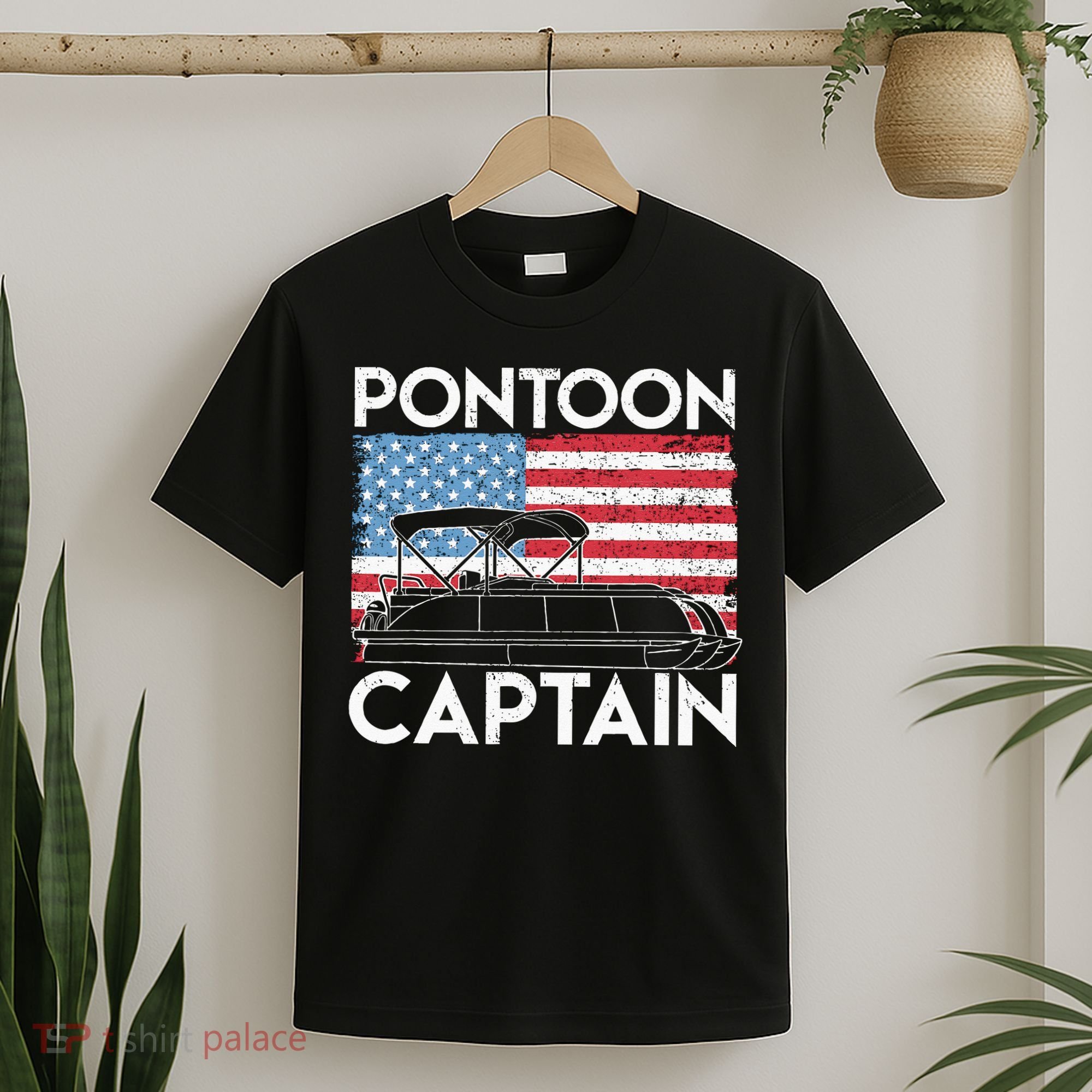 Patriotic Pontoon Captain Us American Flag Funny Boat Owner T-Shirt