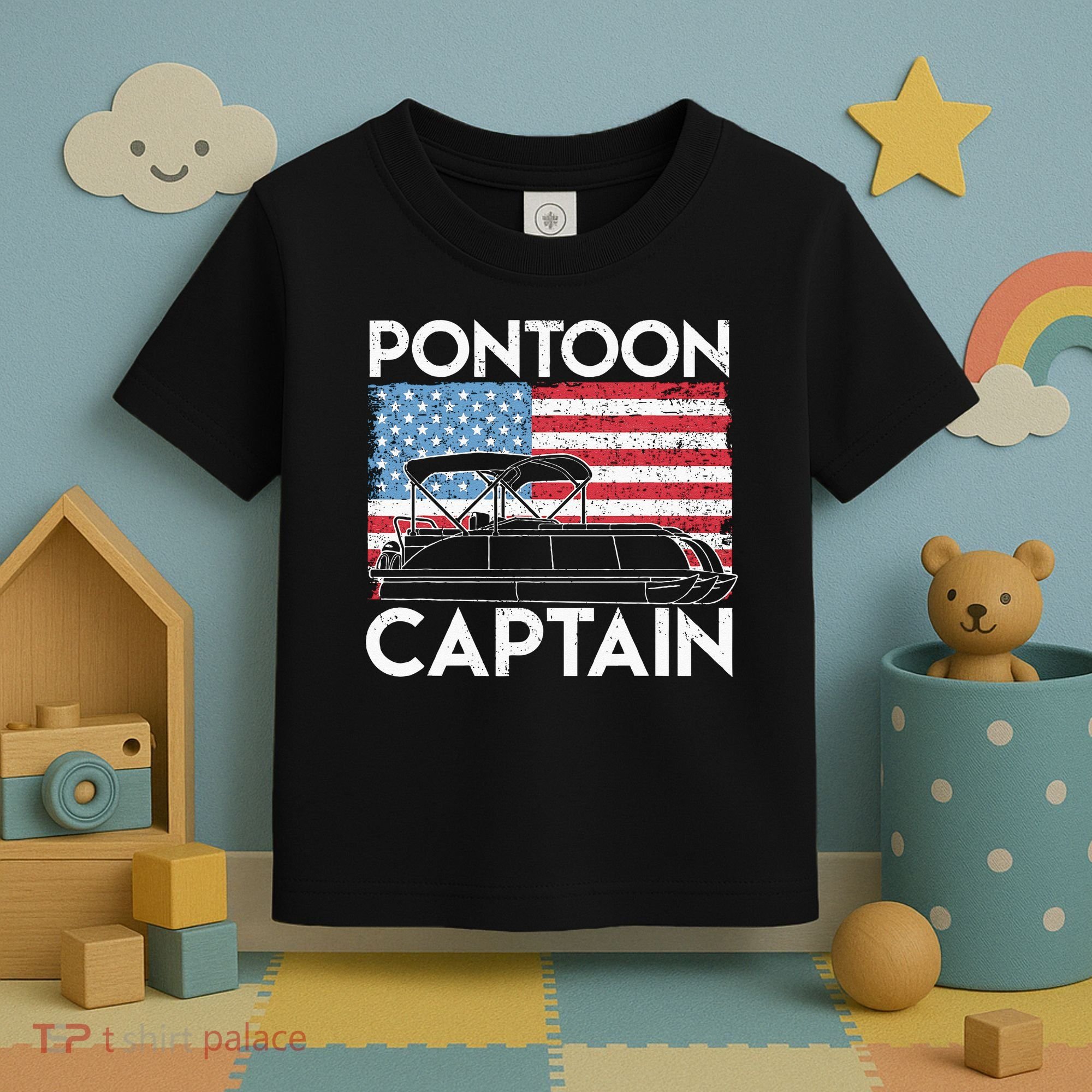 Patriotic Pontoon Captain Us American Flag Funny Boat Owner Toddler T-Shirt