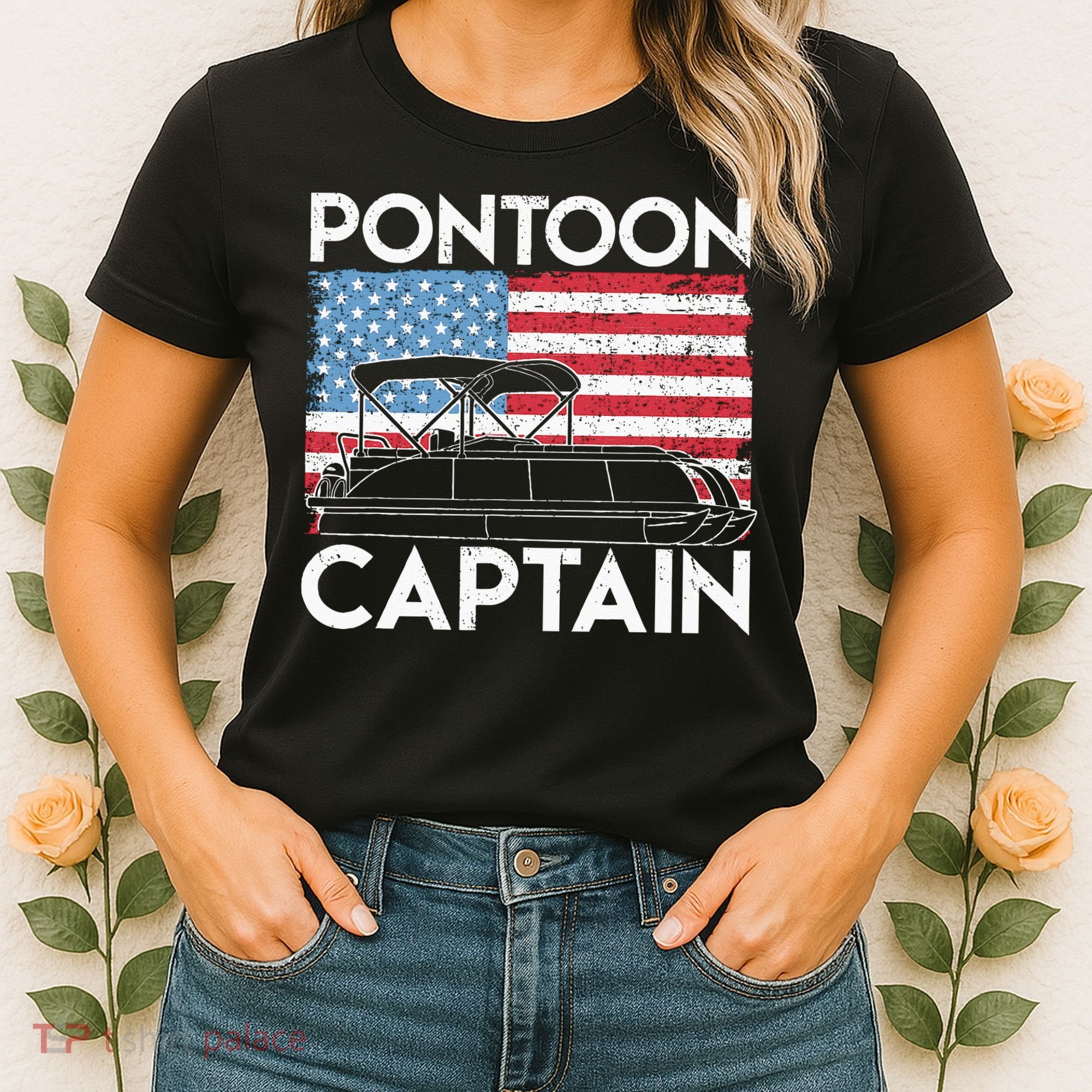 Patriotic Pontoon Captain Us American Flag Funny Boat Owner Women's T-Shirt
