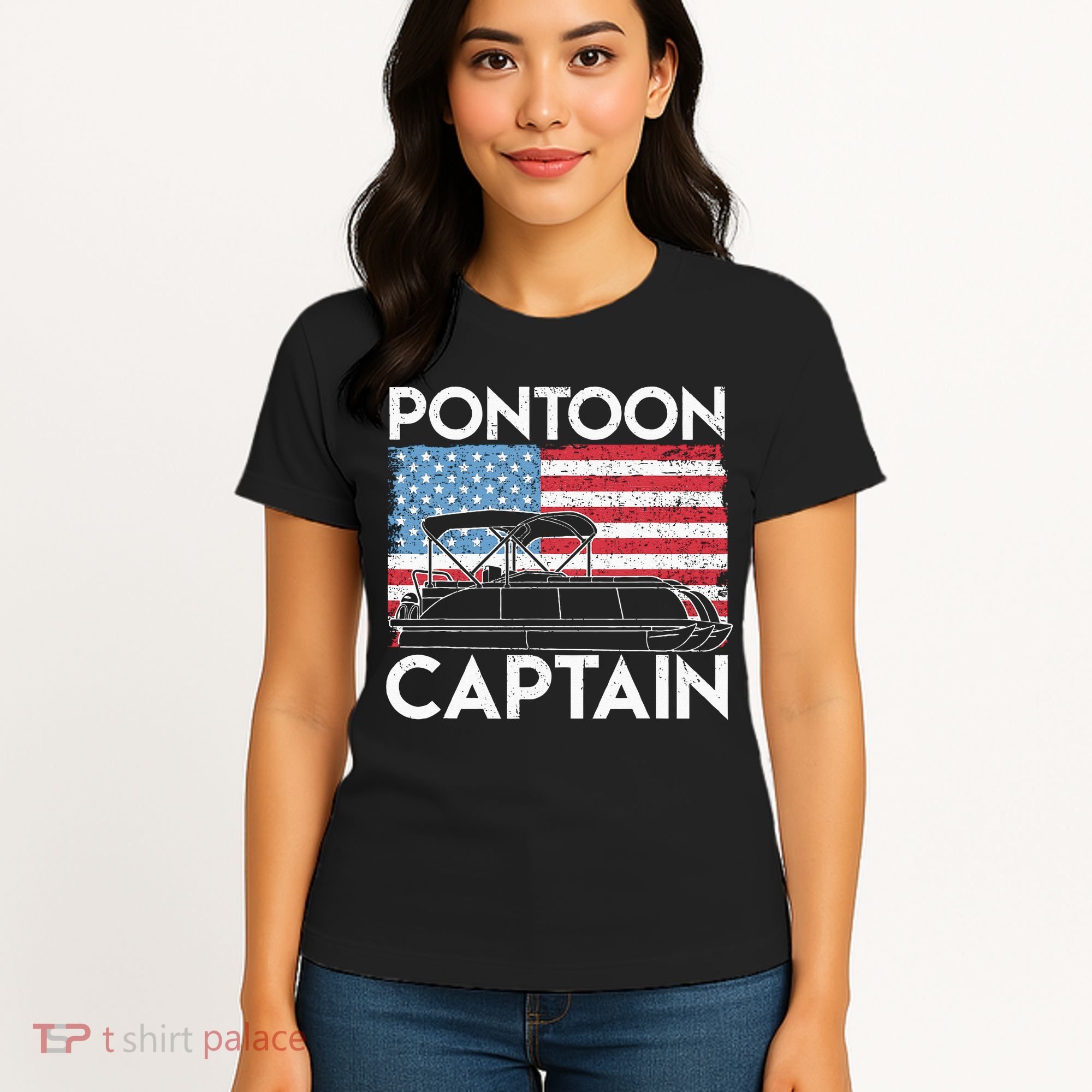 Patriotic Pontoon Captain Us American Flag Funny Boat Owner Women's T-Shirt