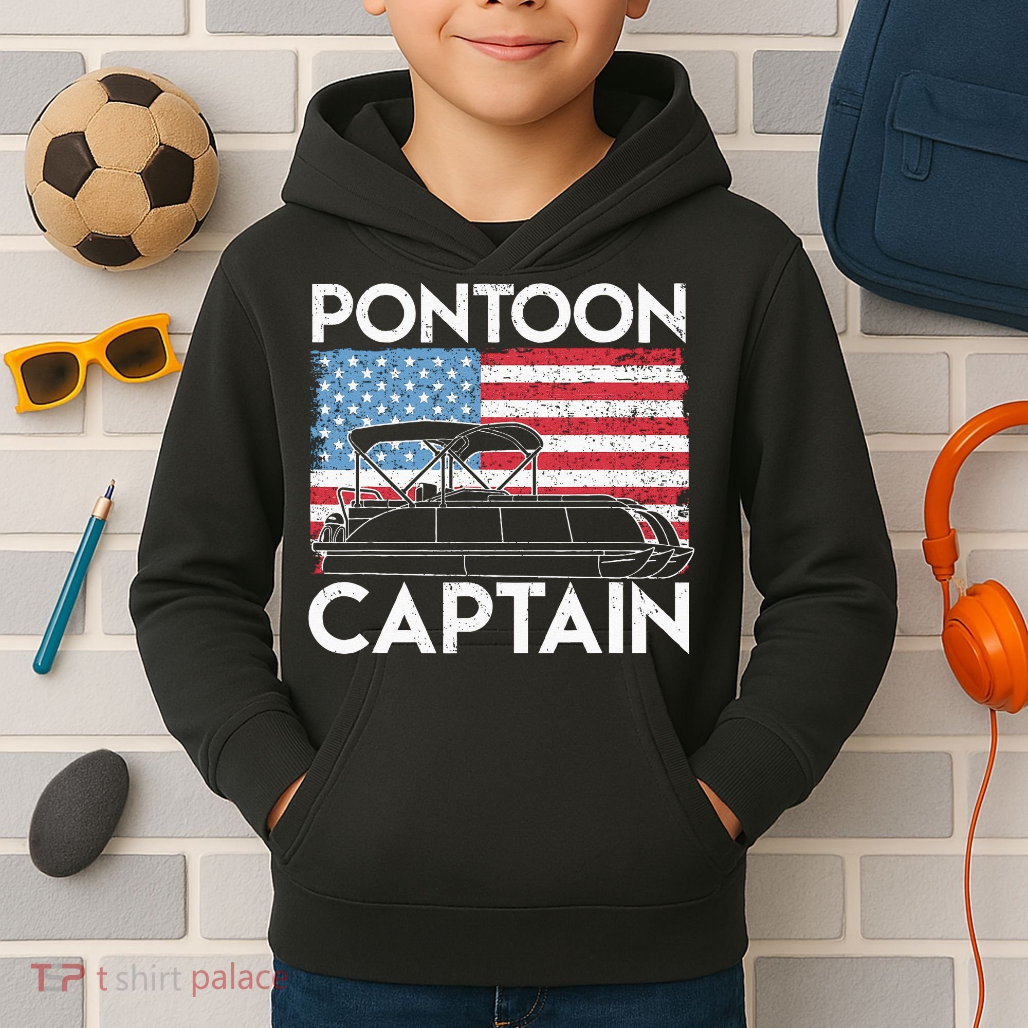 Patriotic Pontoon Captain Us American Flag Funny Boat Owner Kids Hoodie