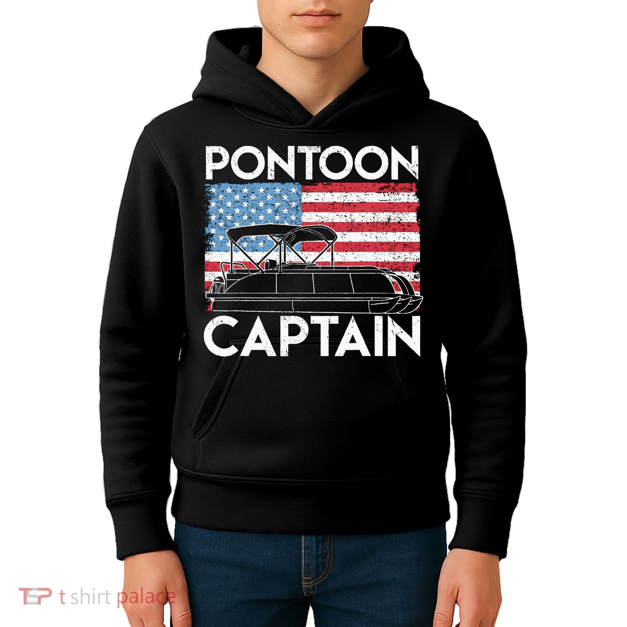 Patriotic Pontoon Captain Us American Flag Funny Boat Owner Kids Hoodie