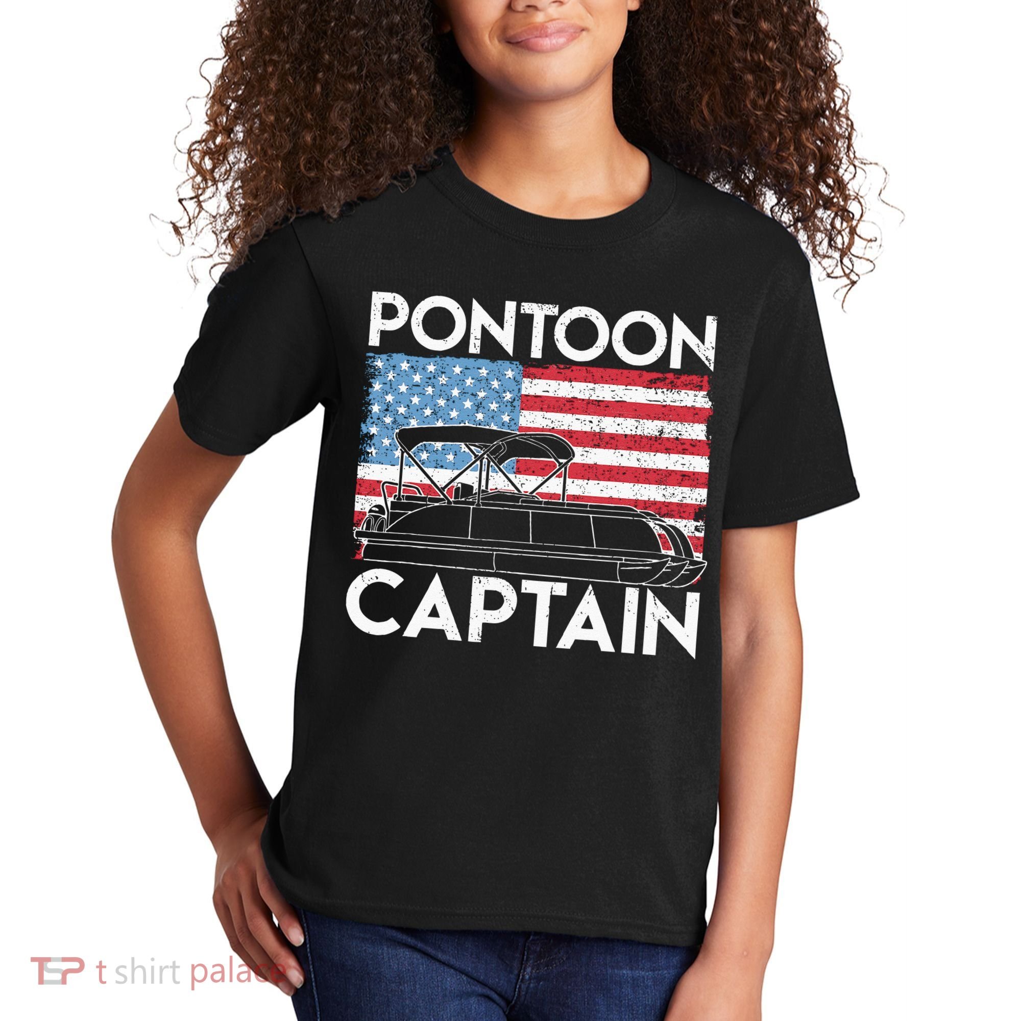 Patriotic Pontoon Captain Us American Flag Funny Boat Owner Kids T-Shirt