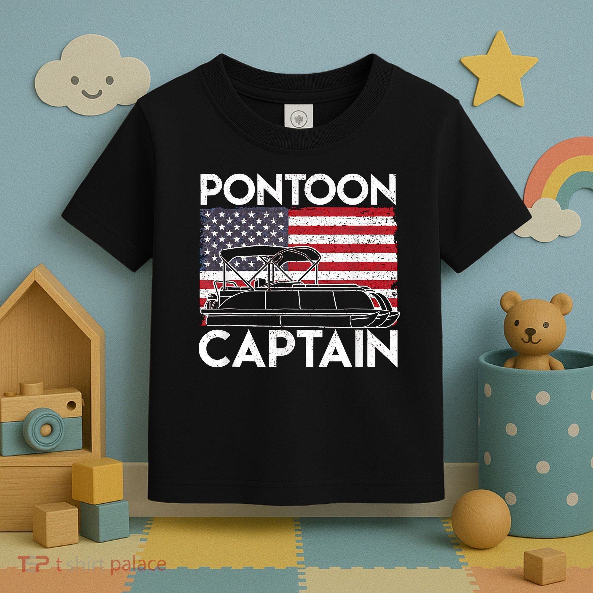 Patriotic Pontoon Captain Us American Flag Funny Boat Owner Toddler T-Shirt