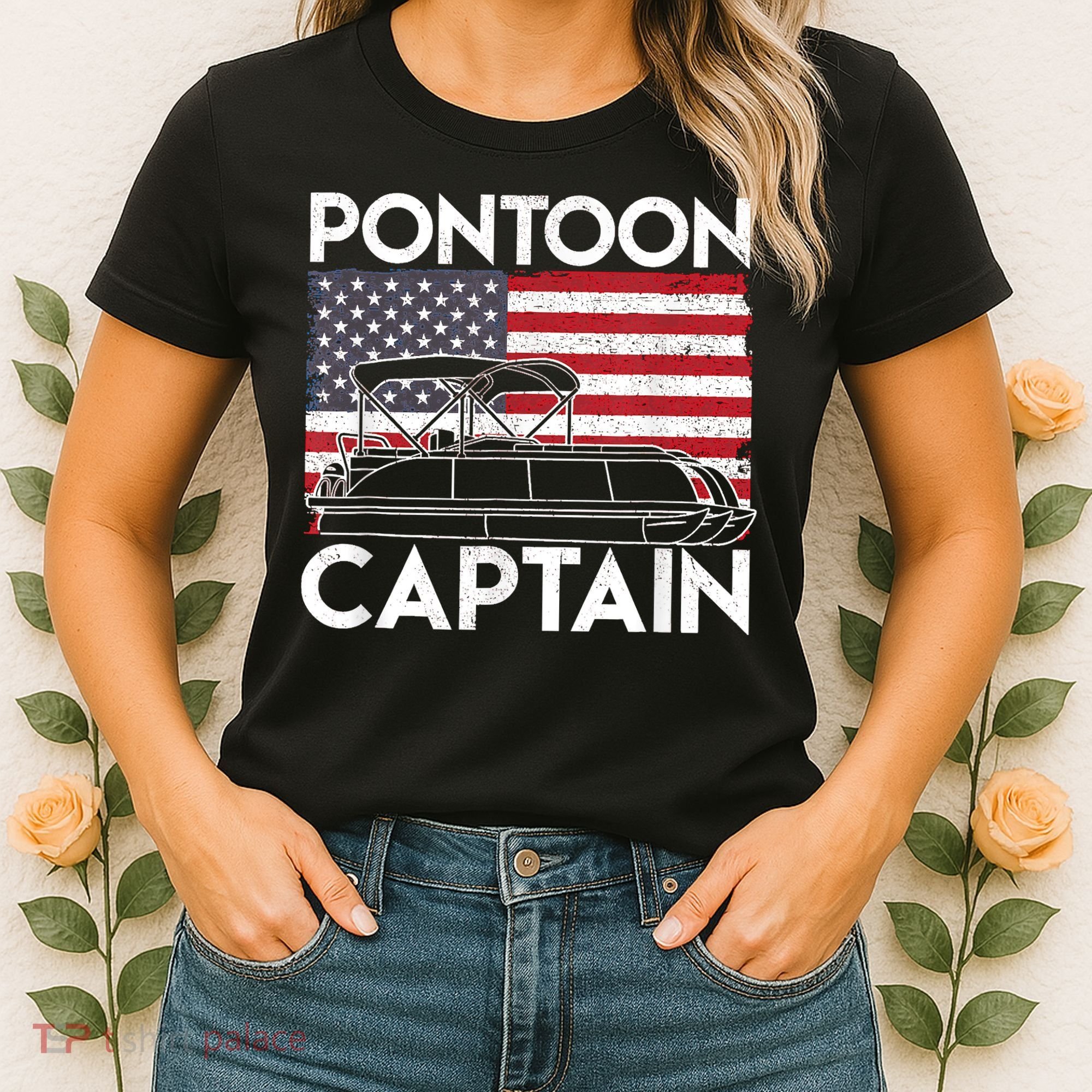 Patriotic Pontoon Captain Us American Flag Funny Boat Owner Women's T-Shirt