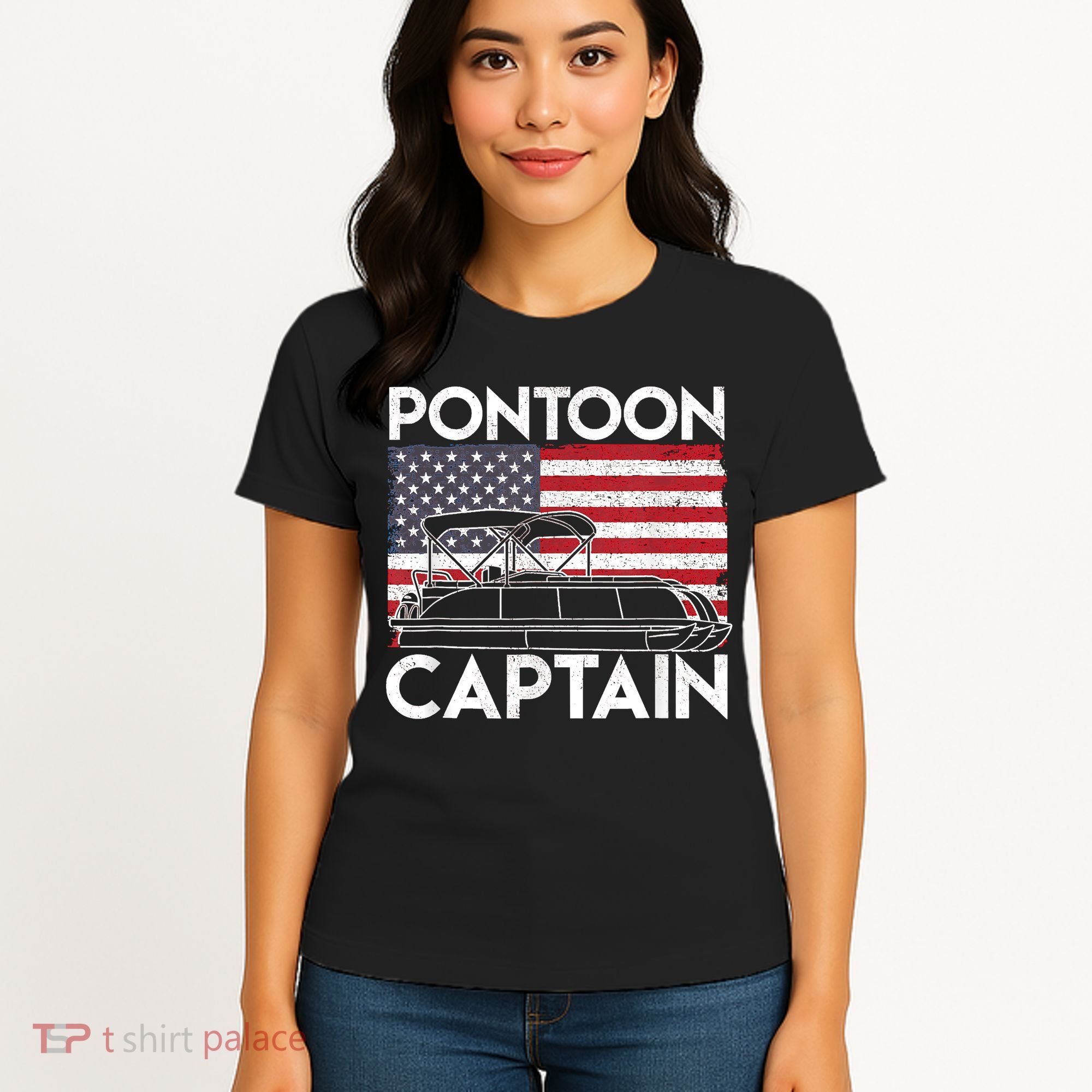 Patriotic Pontoon Captain Us American Flag Funny Boat Owner Women's T-Shirt