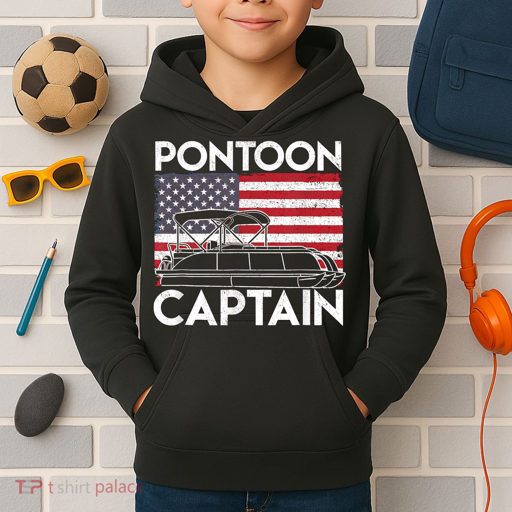 Patriotic Pontoon Captain Us American Flag Funny Boat Owner Kids Hoodie