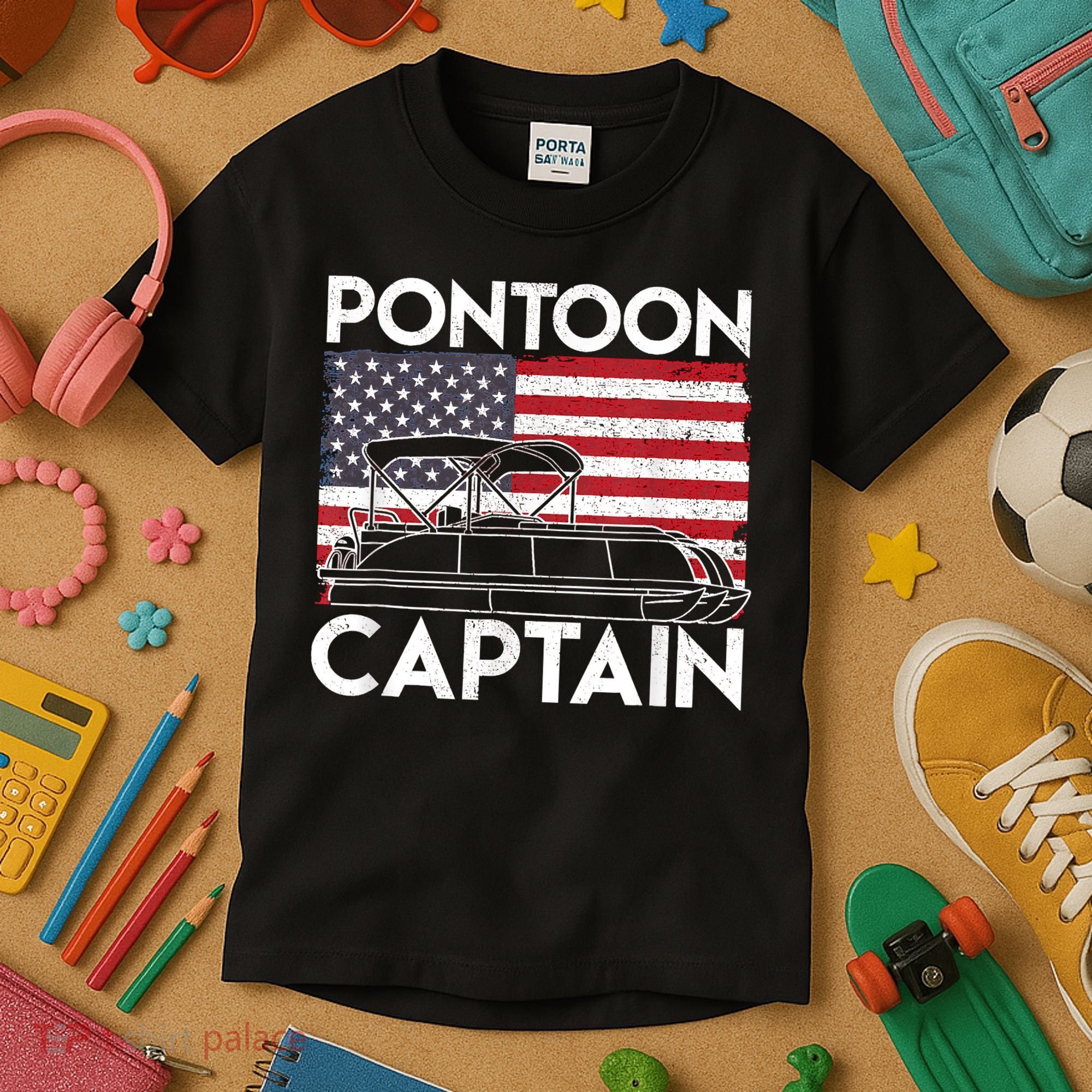 Patriotic Pontoon Captain Us American Flag Funny Boat Owner Kids T-Shirt