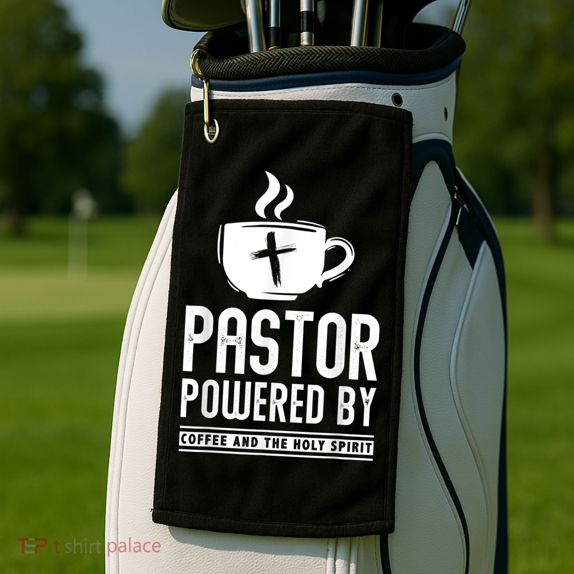 Pastor Powered Coffee And The Holy Spirit Funny Pastor Golf Towel