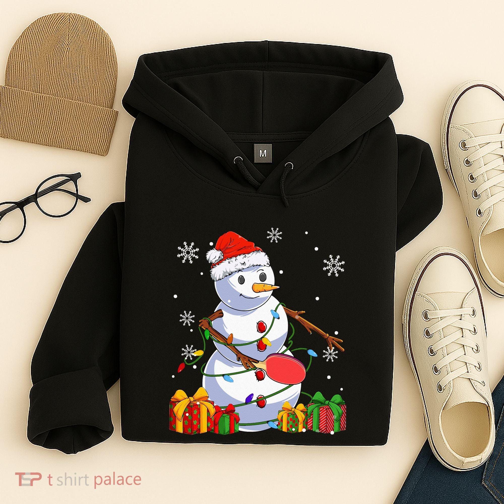 Ping Pong Christmas Snowman Wearing Santa Hat Pajamas Hoodie
