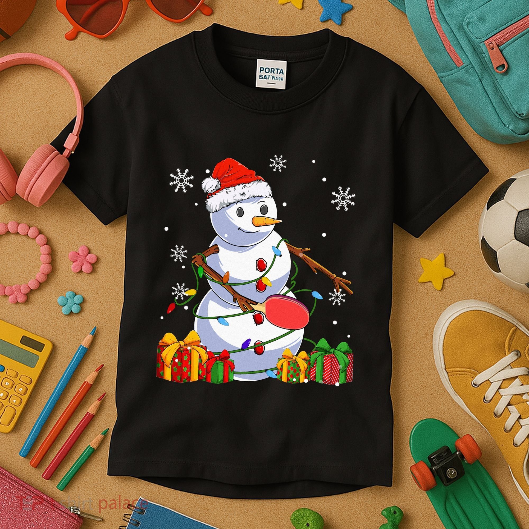 Ping Pong Christmas Snowman Wearing Santa Hat Pajamas Kids T-Shirt
