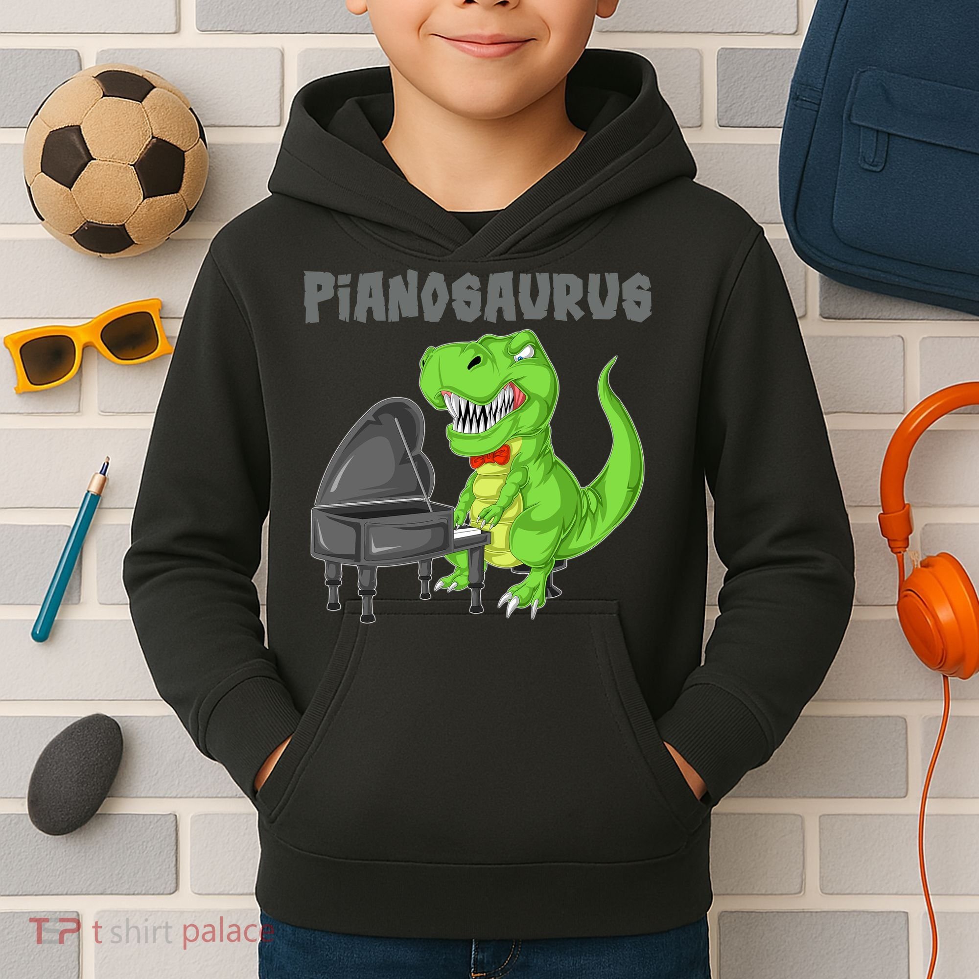 Pianosaurus Piano Dinosaur Kids Hoodie
