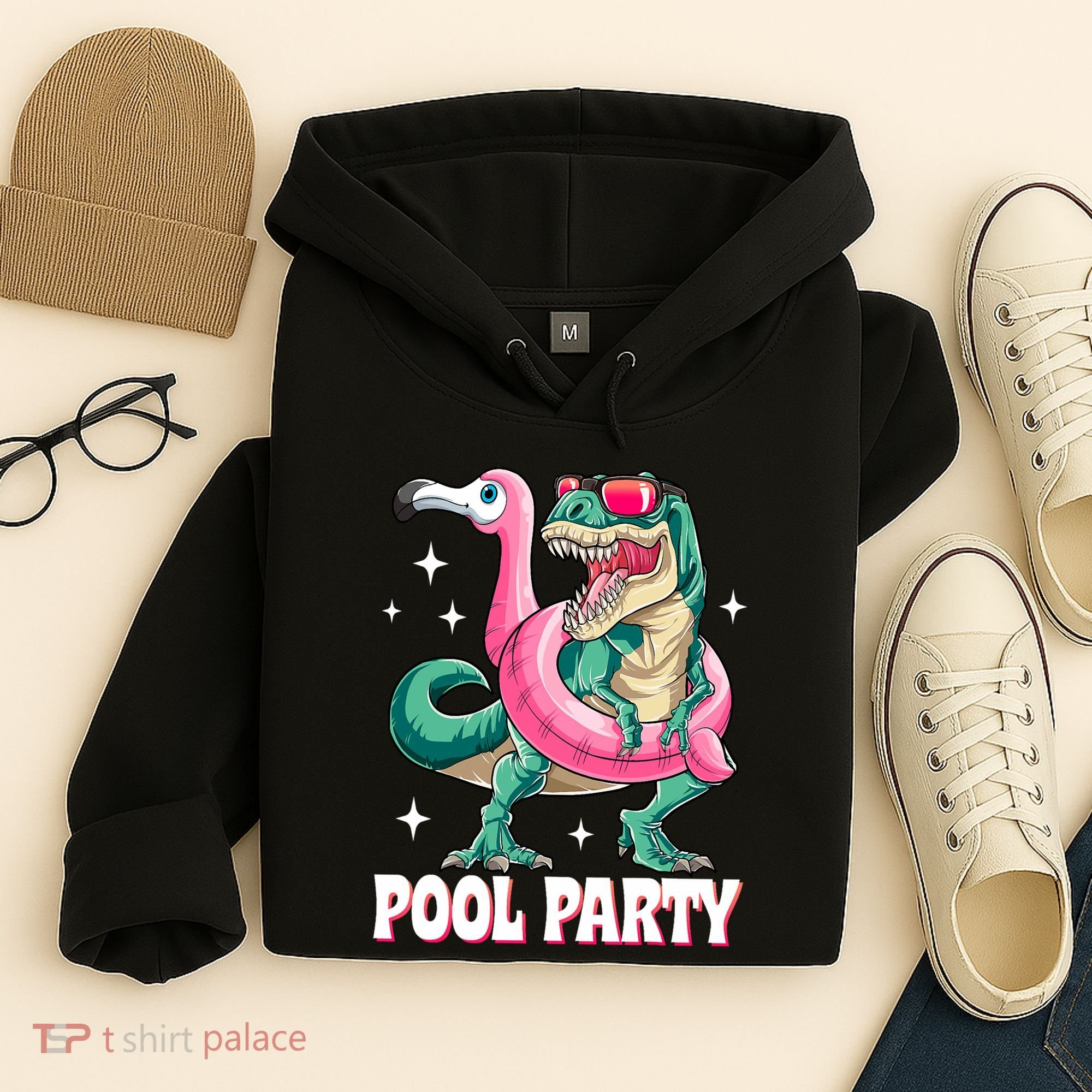 Pool Party Dinosaur Flamingo Float Funny T Rex Summer Hoodie