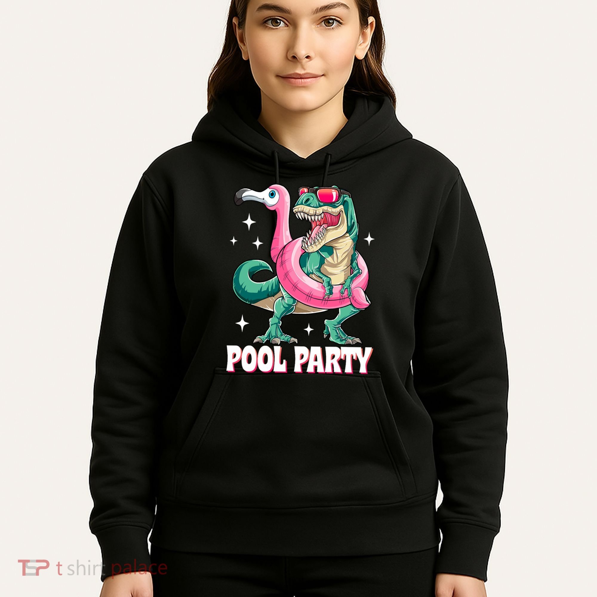 Pool Party Dinosaur Flamingo Float Funny T Rex Summer Hoodie
