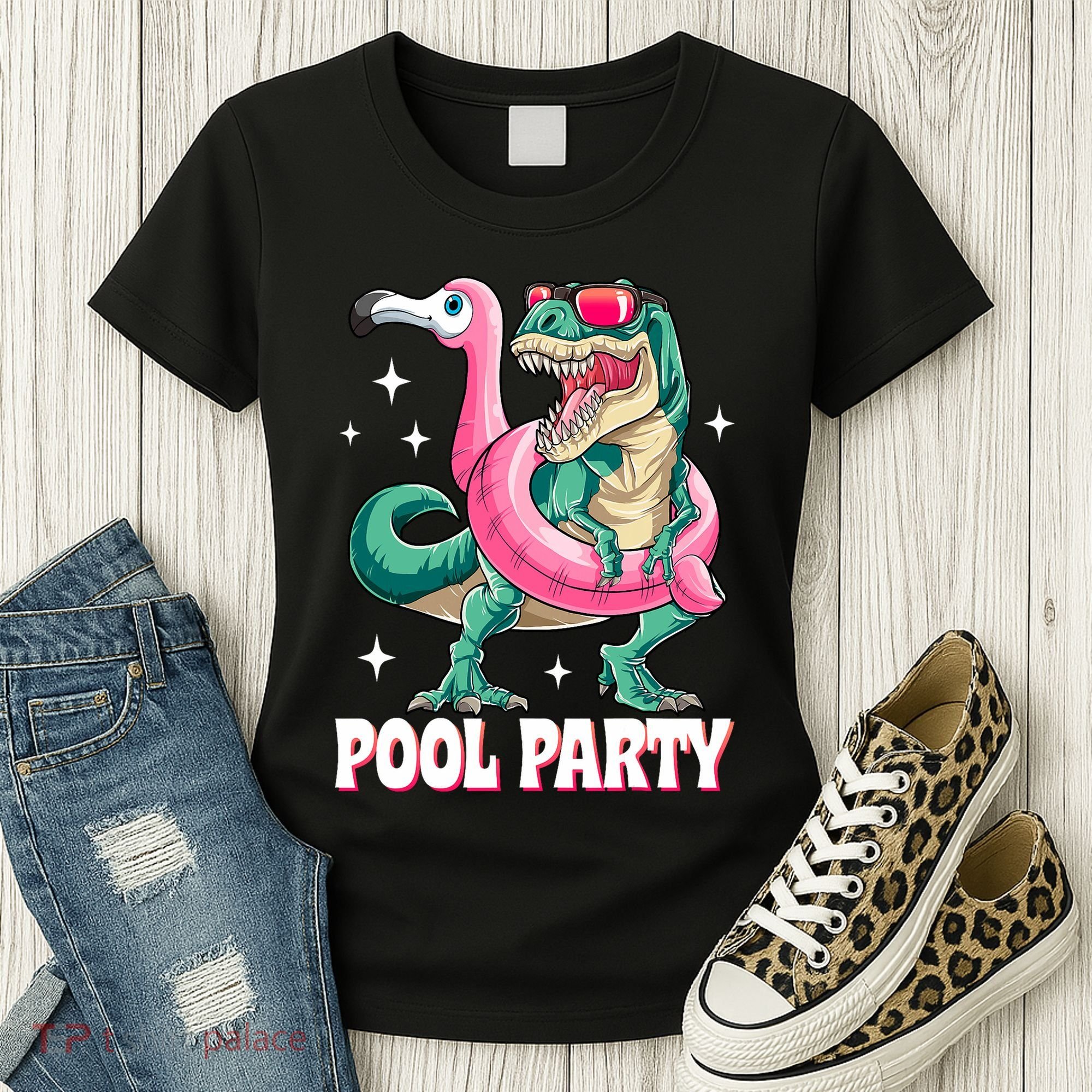 Pool Party Dinosaur Flamingo Float Funny T Rex Summer Women's T-Shirt