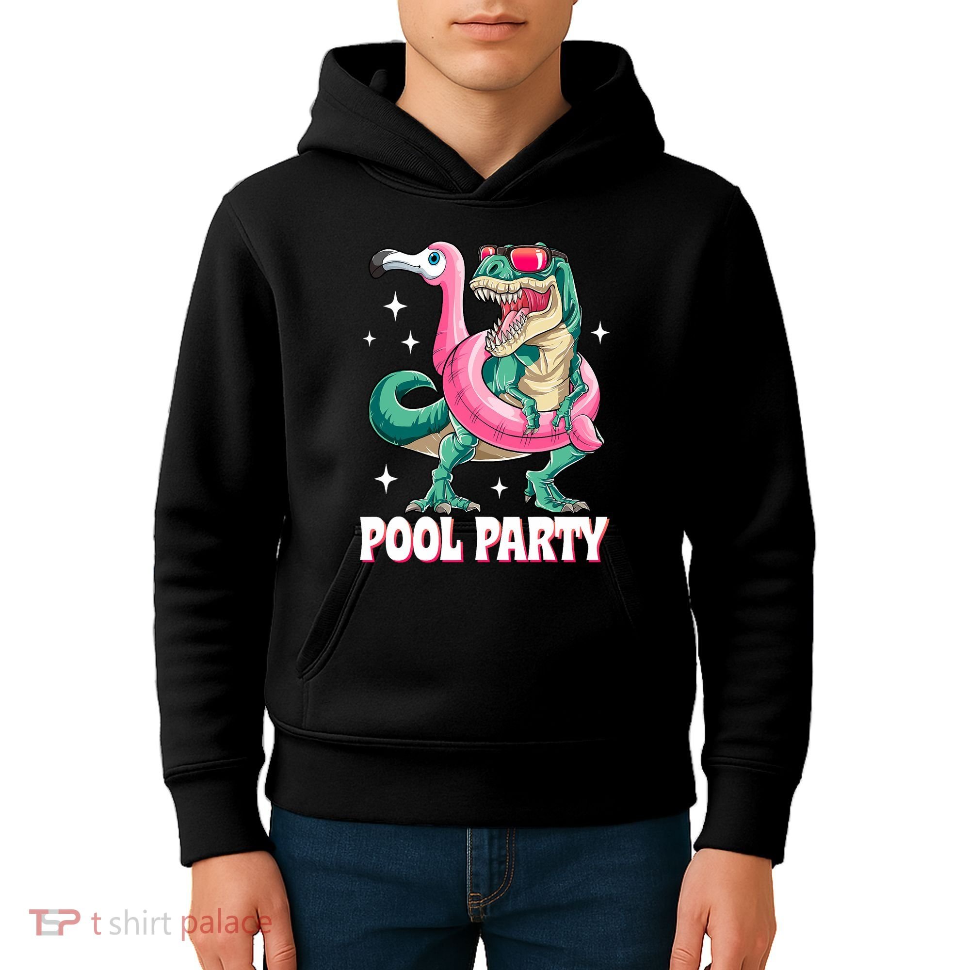 Pool Party Dinosaur Flamingo Float Funny T Rex Summer Kids Hoodie