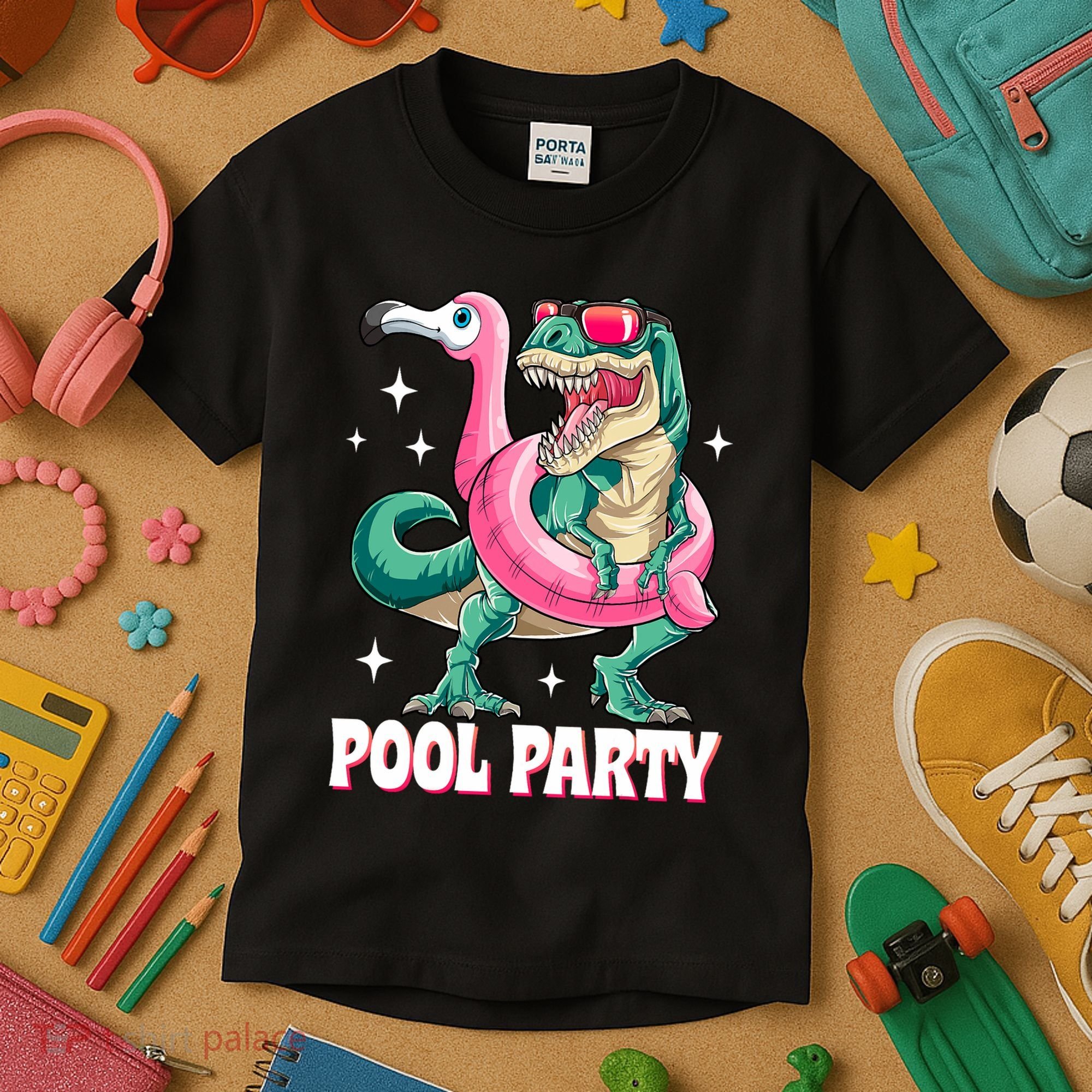 Pool Party Dinosaur Flamingo Float Funny T Rex Summer Kids T-Shirt