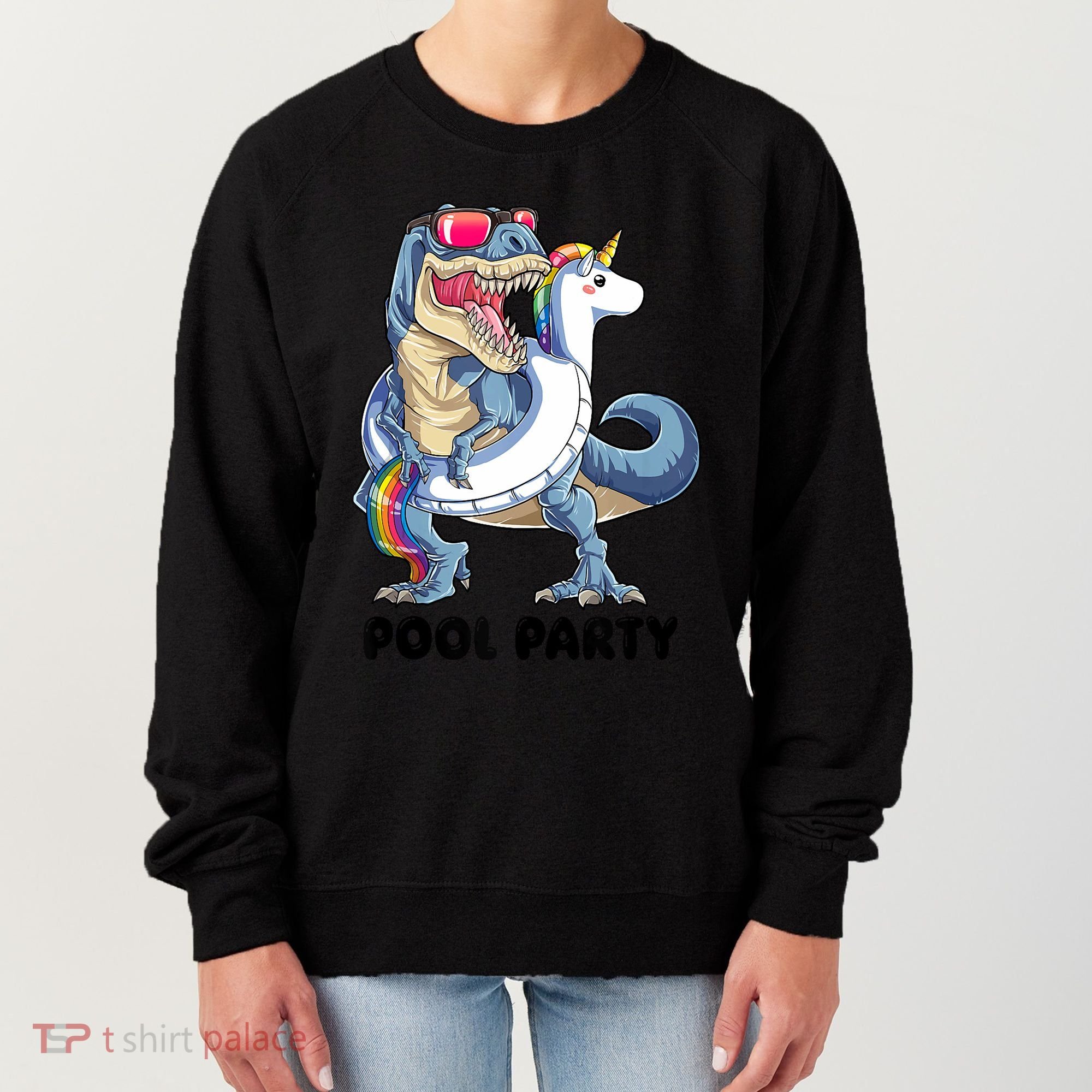 Pool Party Dinosaur Unicorn Funny T Rex Float Rainbow Cute Tank Top Women's Sweatshirt
